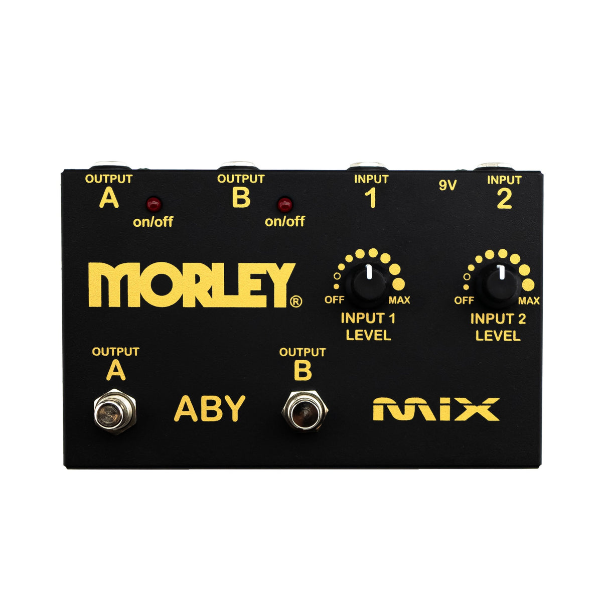 Morley Gold Series ABY MIX top view, black housing with gold graphics, two level knobs and two output footswitches