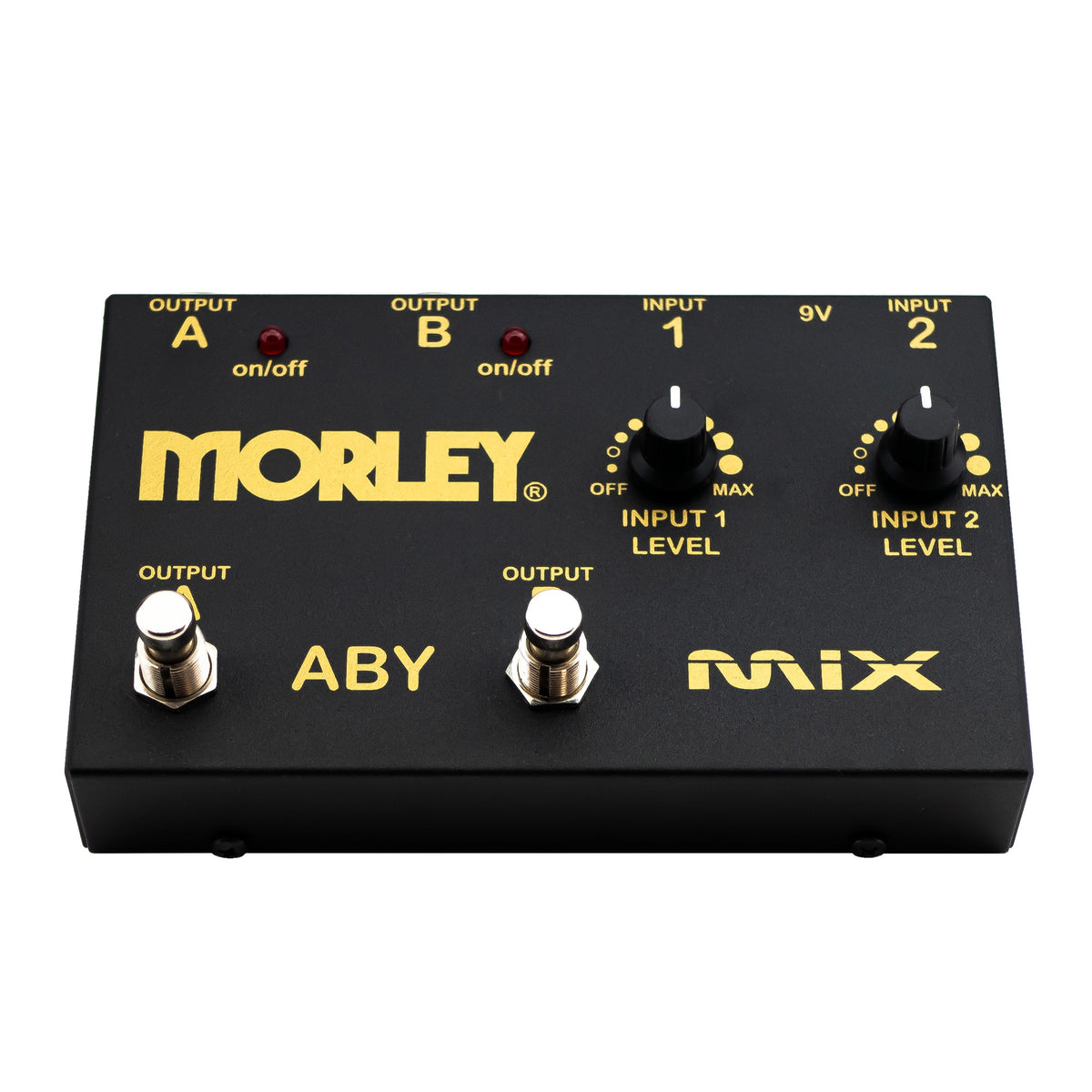 Morley Gold Series ABY MIX angled view showing Input 1 and Input 2 level knobs