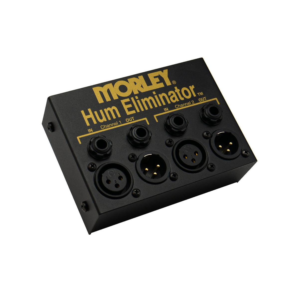 Morley Hum Eliminator angled from the right showing the jack panel