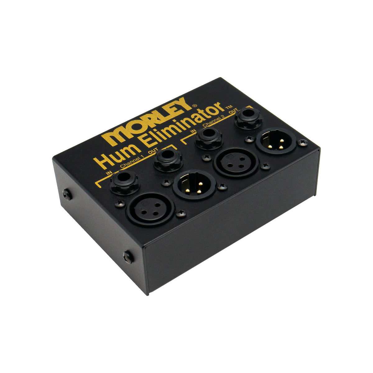Morley Hum Eliminator top angle view of the steel housing and jacks
