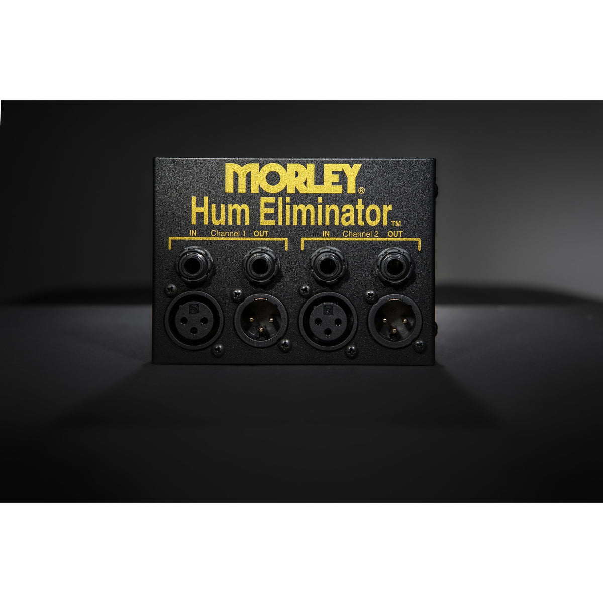 Morley Hum Eliminator front panel lit on a dark background