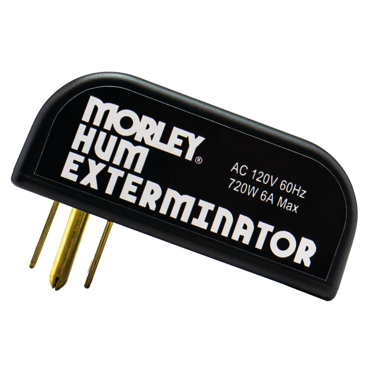 Close-up of the Morley Hum Exterminator logo and 120V 60Hz rating on the black housing