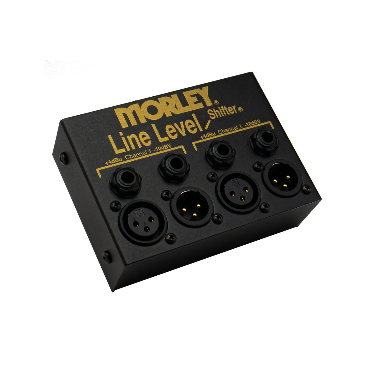 Morley Line Level Shifter angled from the right showing the jack panel