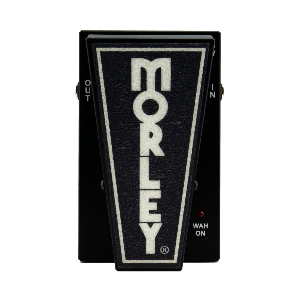 Morley Mini Classic Switchless Wah top view, black housing with black Morley treadle and red Wah On LED