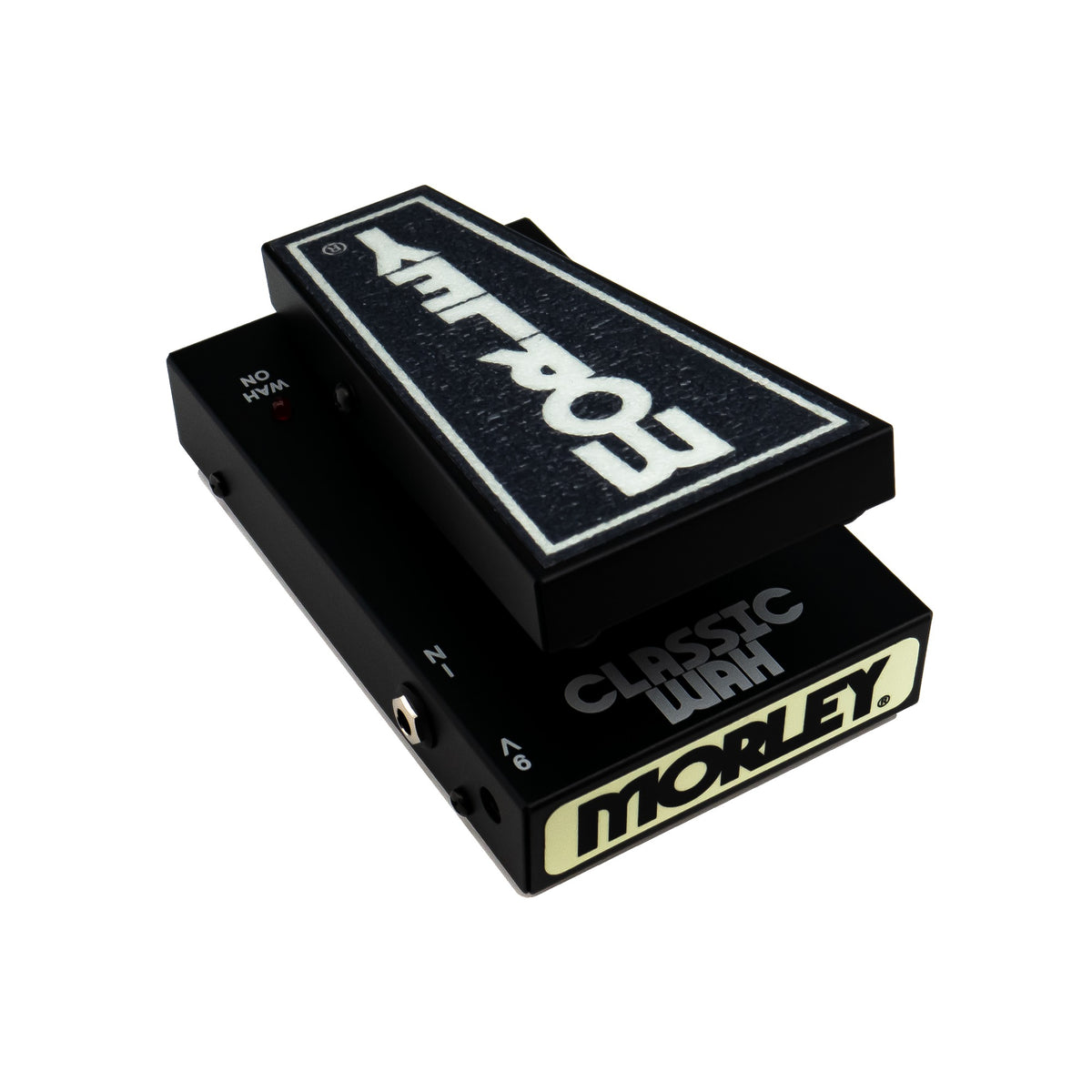 Morley Mini Classic Switchless Wah angled from the right with treadle, toe-end logo plate and side jack