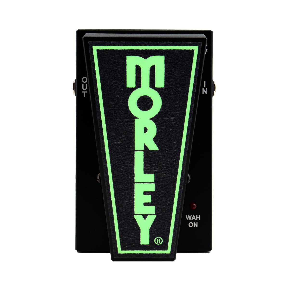 Morley Mini Classic Switchless Wah top view with the glow-in-the-dark treadle logo lit green