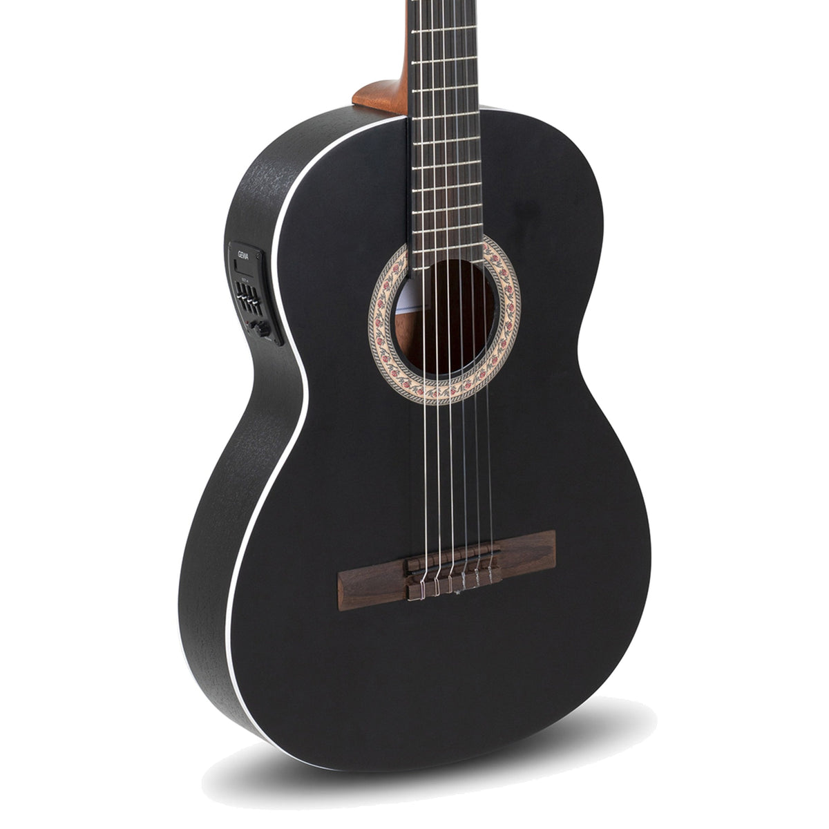 Body front of the Caballero by Manuel Rodriguez CA-PM BE classical guitar: black matte solid spruce top, rosette, tie bridge and some fretboard