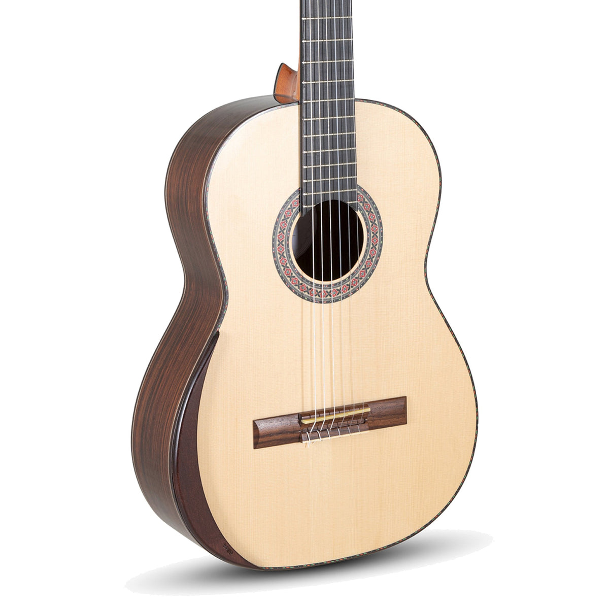 Body front of the Manuel Rodriguez Magistral F-S classical guitar: solid spruce top, rosette, tie bridge and some fretboard