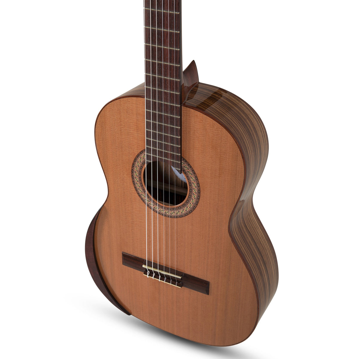 Front angle of the Manuel Rodriguez Academia 40-C classical guitar body and fretboard