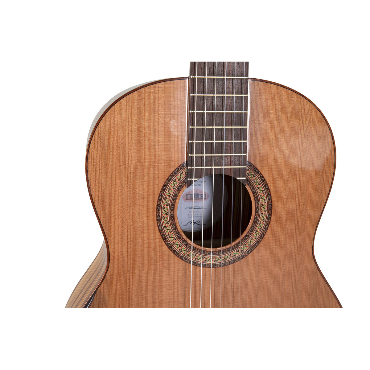 Close-up of the Manuel Rodriguez Academia 40-C classical guitar soundhole rosette and cedar top