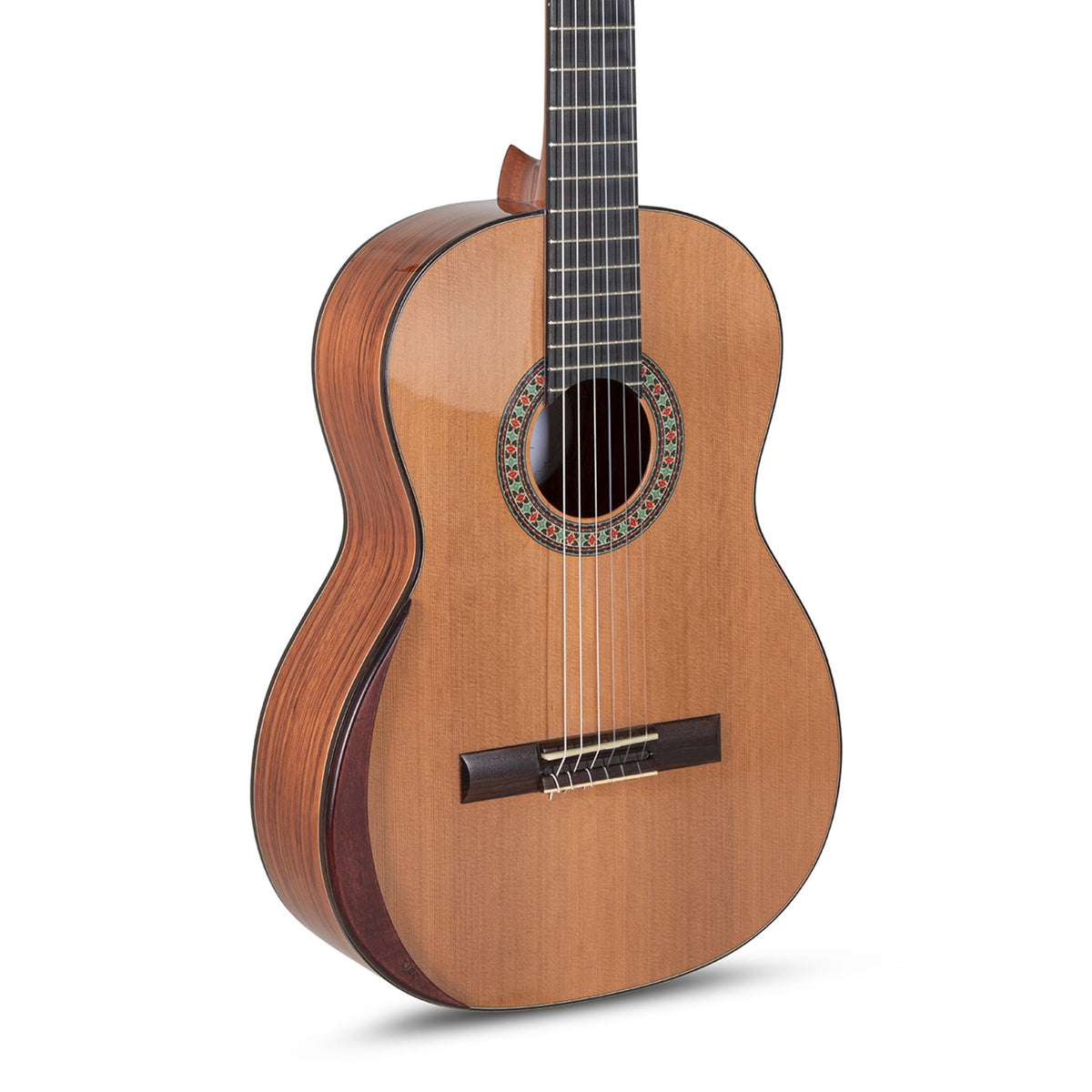 Body front of the Manuel Rodriguez Superior A-C classical guitar: solid cedar top, rosette, tie bridge and some fretboard