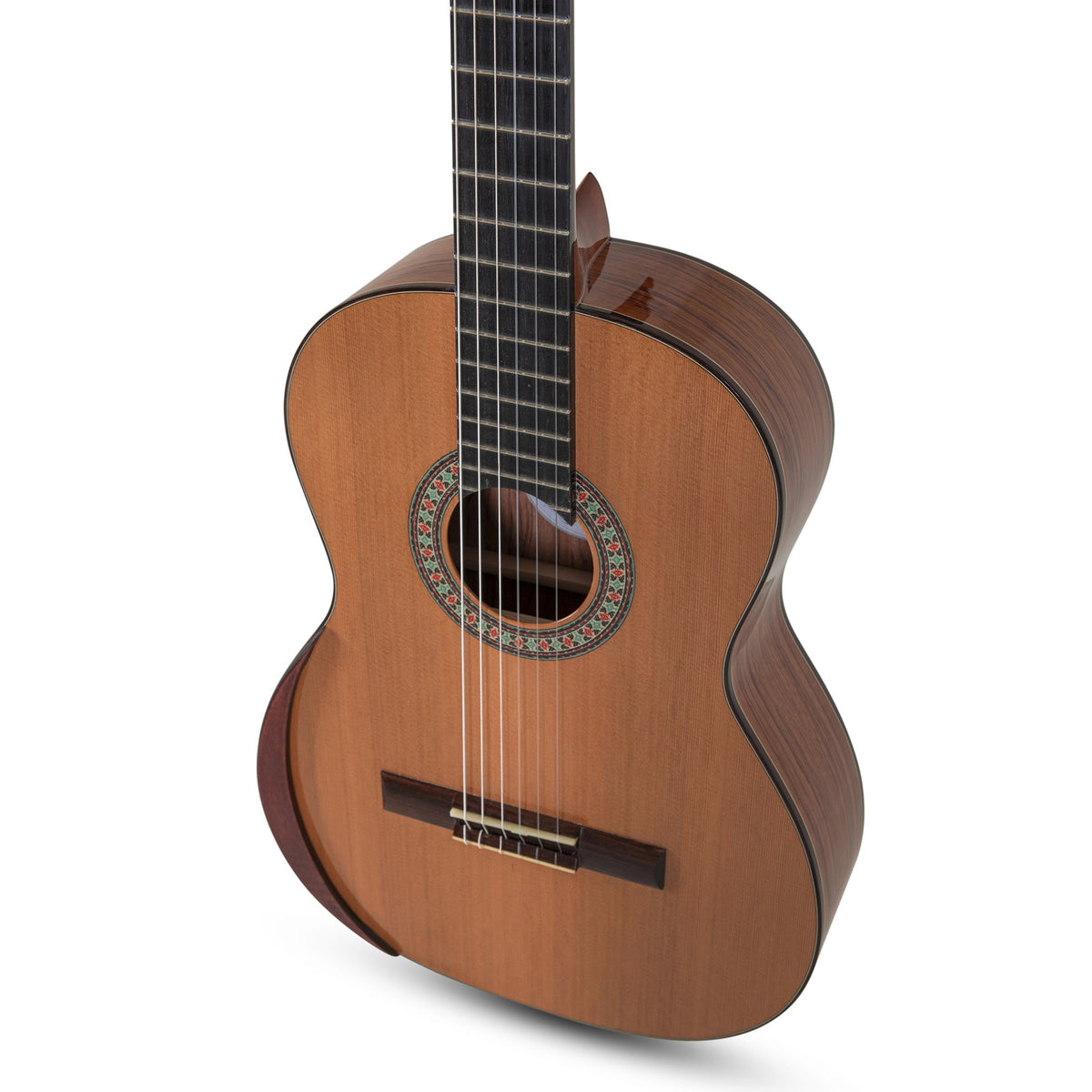 Front angle of the Manuel Rodriguez Superior A-C classical guitar body and fretboard