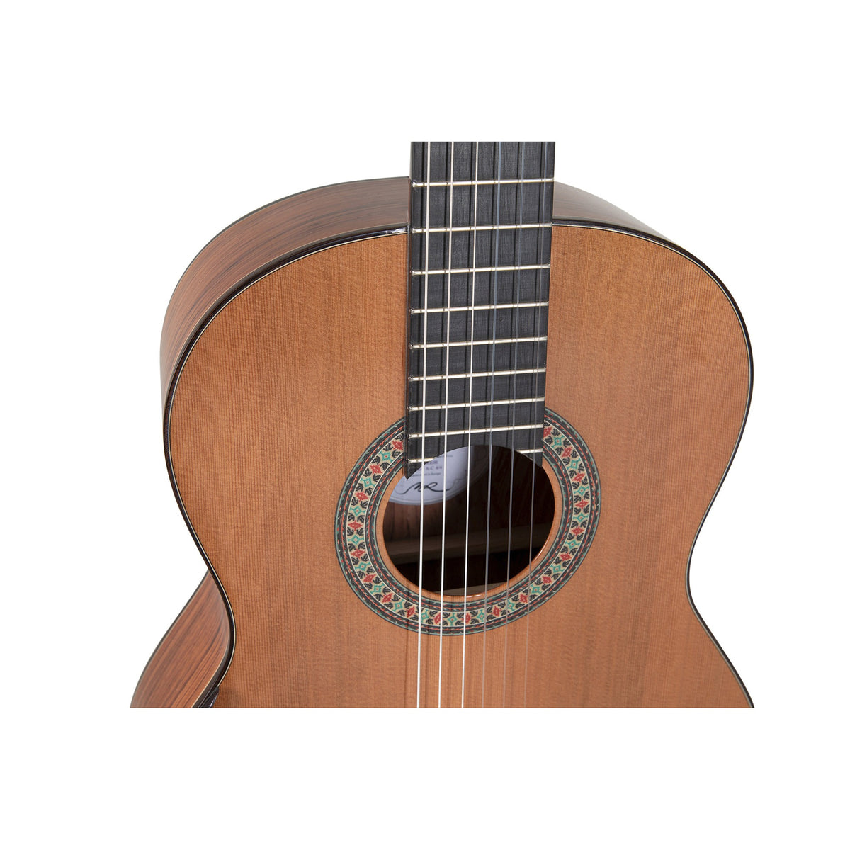 Close-up of the Manuel Rodriguez Superior A-C classical guitar soundhole rosette and cedar top