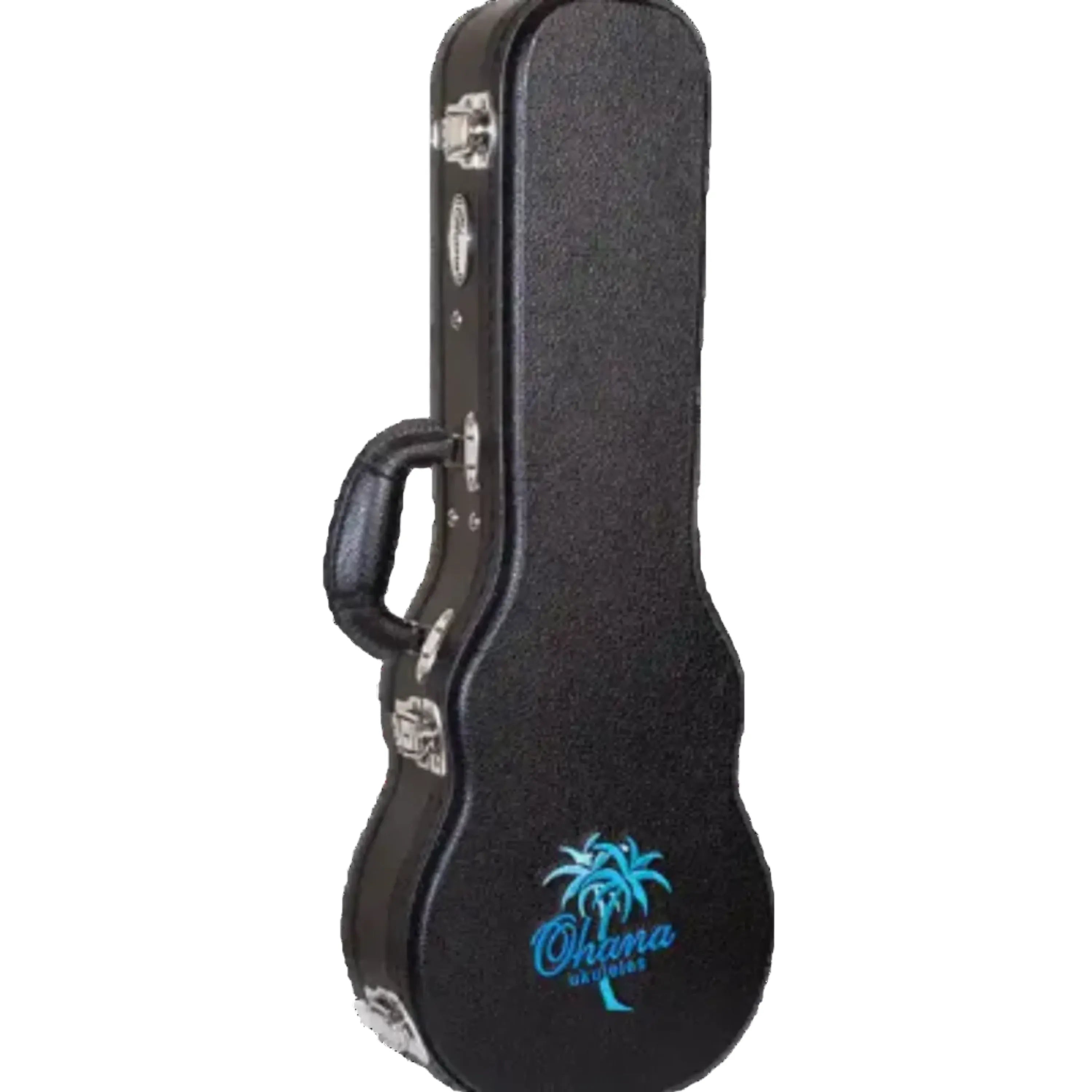 Ohana BEM-21 black soprano ukulele hardshell case with chrome latches and blue palm tree logo.