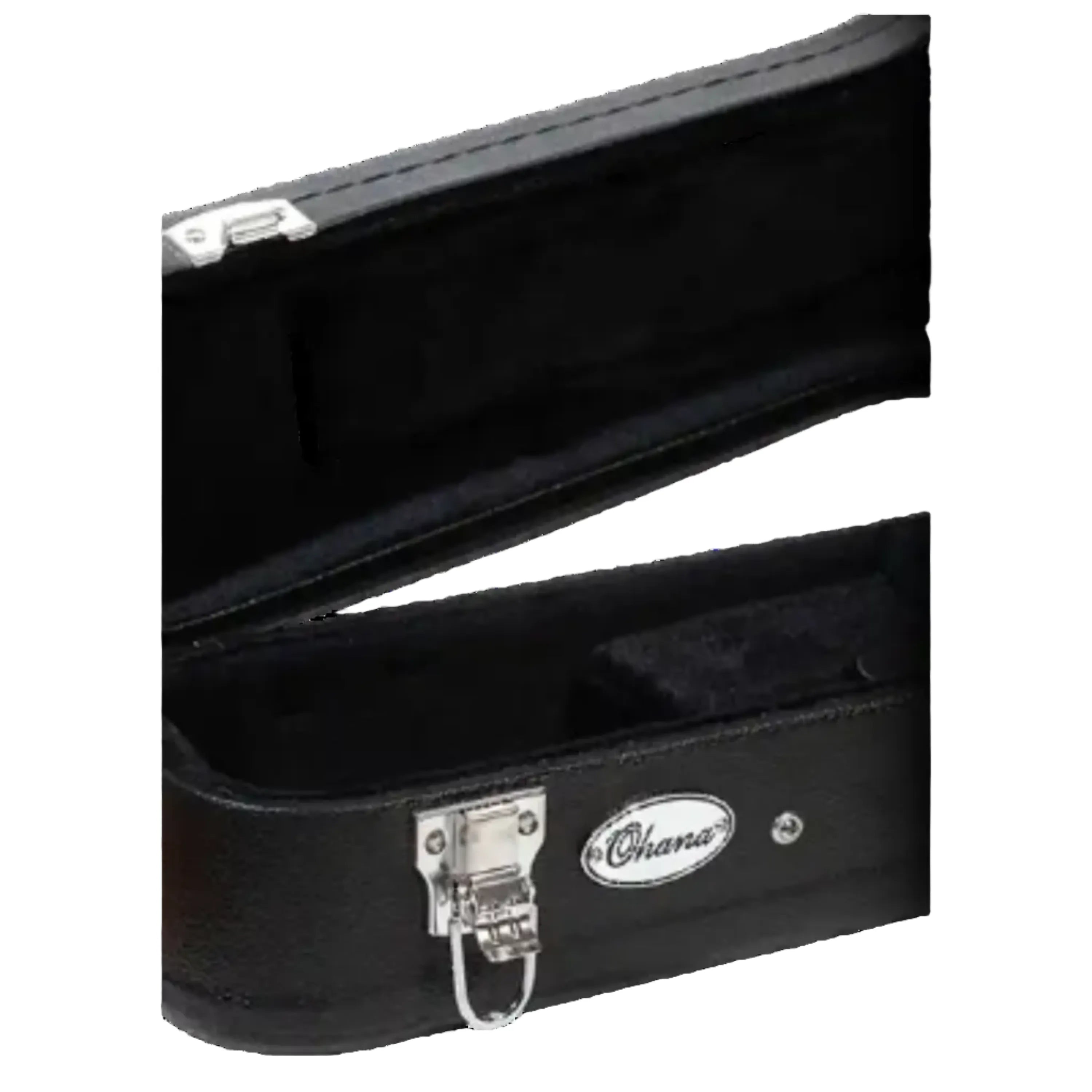 Ohana BEM-21 black soprano ukulele hardshell case, open with plush interior and chrome latch.