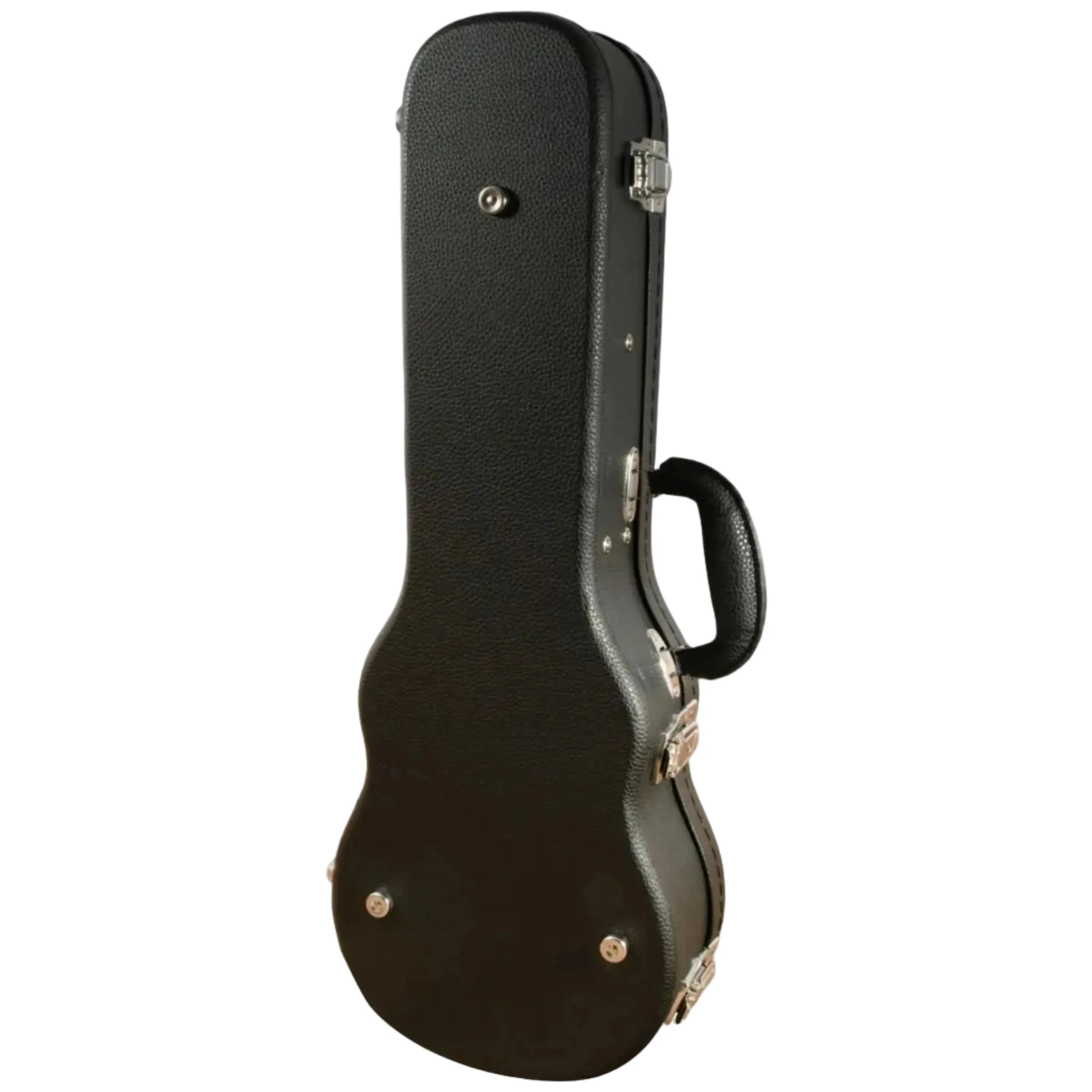 Ohana BEM-21 black soprano ukulele hardshell case with pebbled pleather exterior and chrome latches.