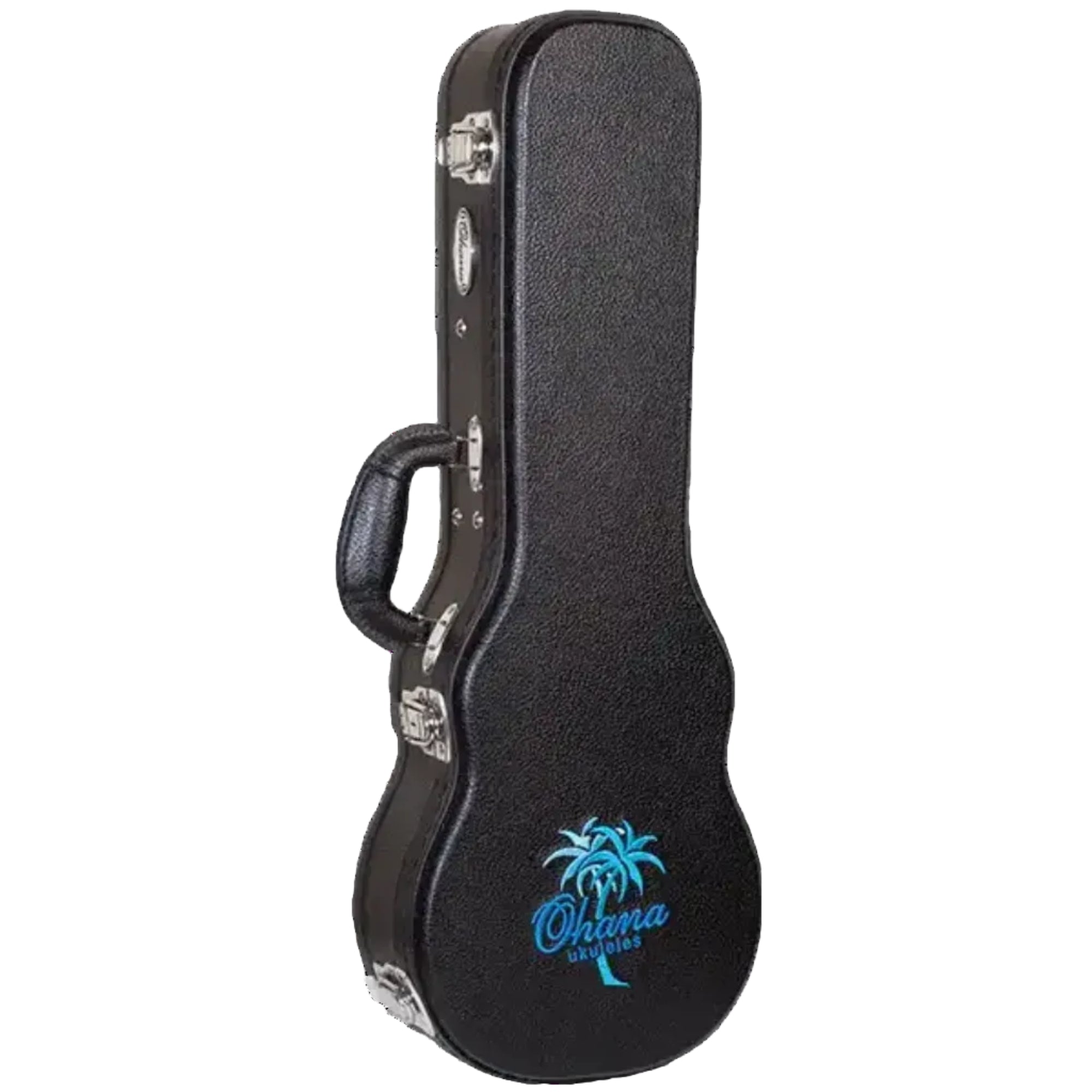 Ohana BEM-24 black concert ukulele hardshell case with chrome latches and blue palm tree logo.
