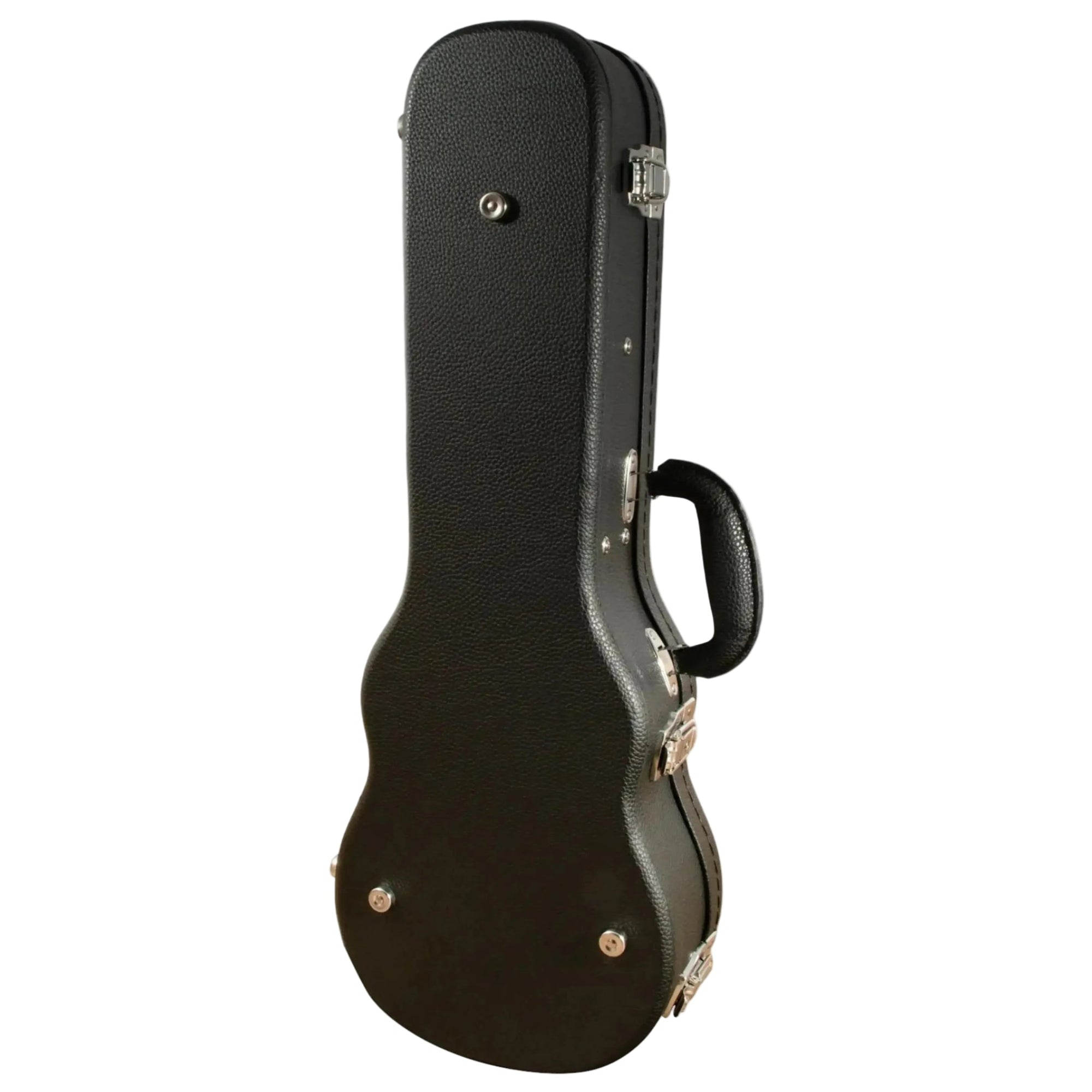 Ohana BEM-24 black concert ukulele hardshell case with pebbled pleather exterior and chrome latches.