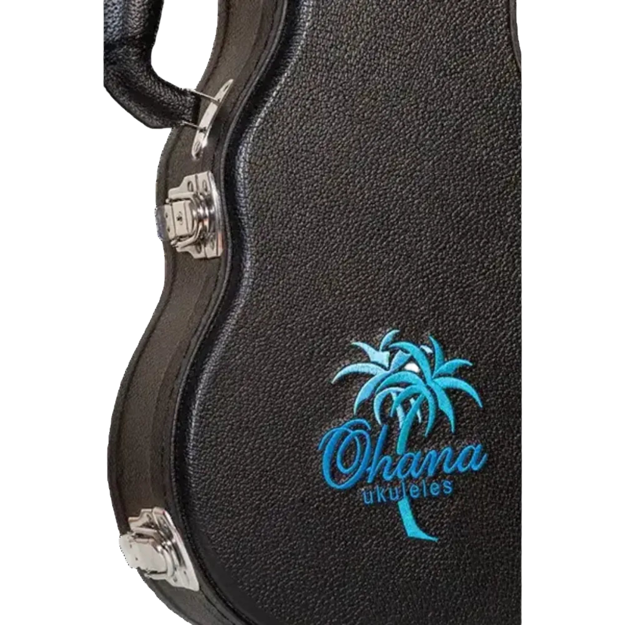 Ohana BEM-24 Black Concert Ukulele Hardshell Case with blue embroidered logo and chrome latches.