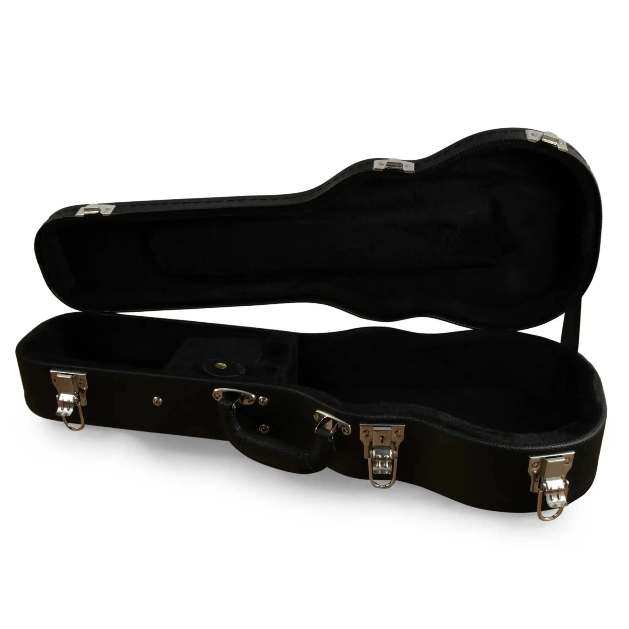 Ohana BEM-24 black concert ukulele hardshell case, open, with plush interior and chrome latches.