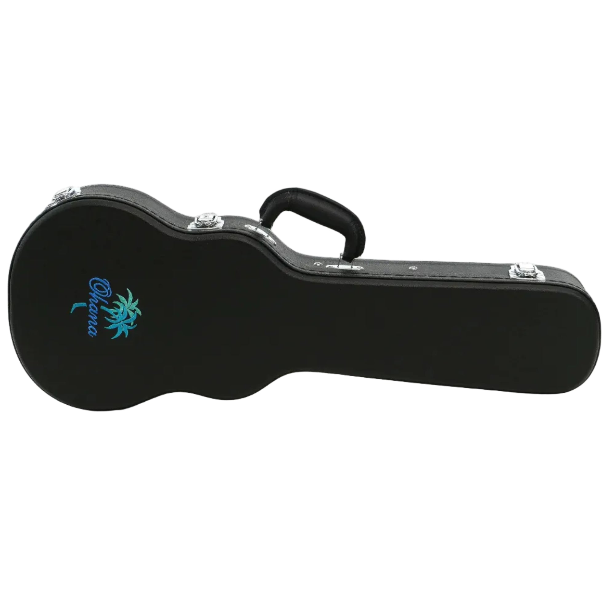 Ohana BEM-27 Black Tenor Ukulele Hardshell Case with blue Ohana logo and chrome latches.