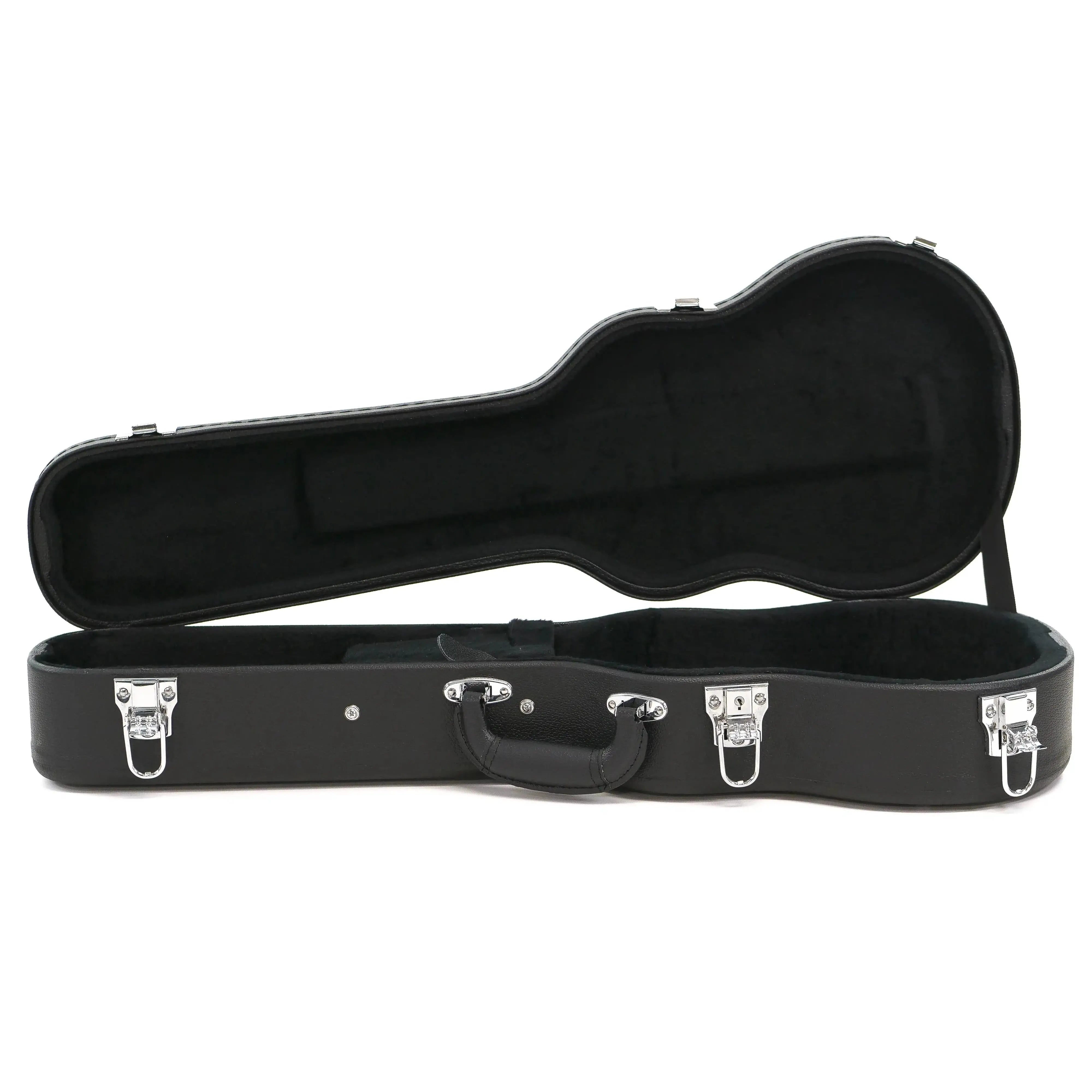 Ohana BEM-27 Black Tenor Ukulele Hardshell Case, open, with plush black interior and chrome latches.