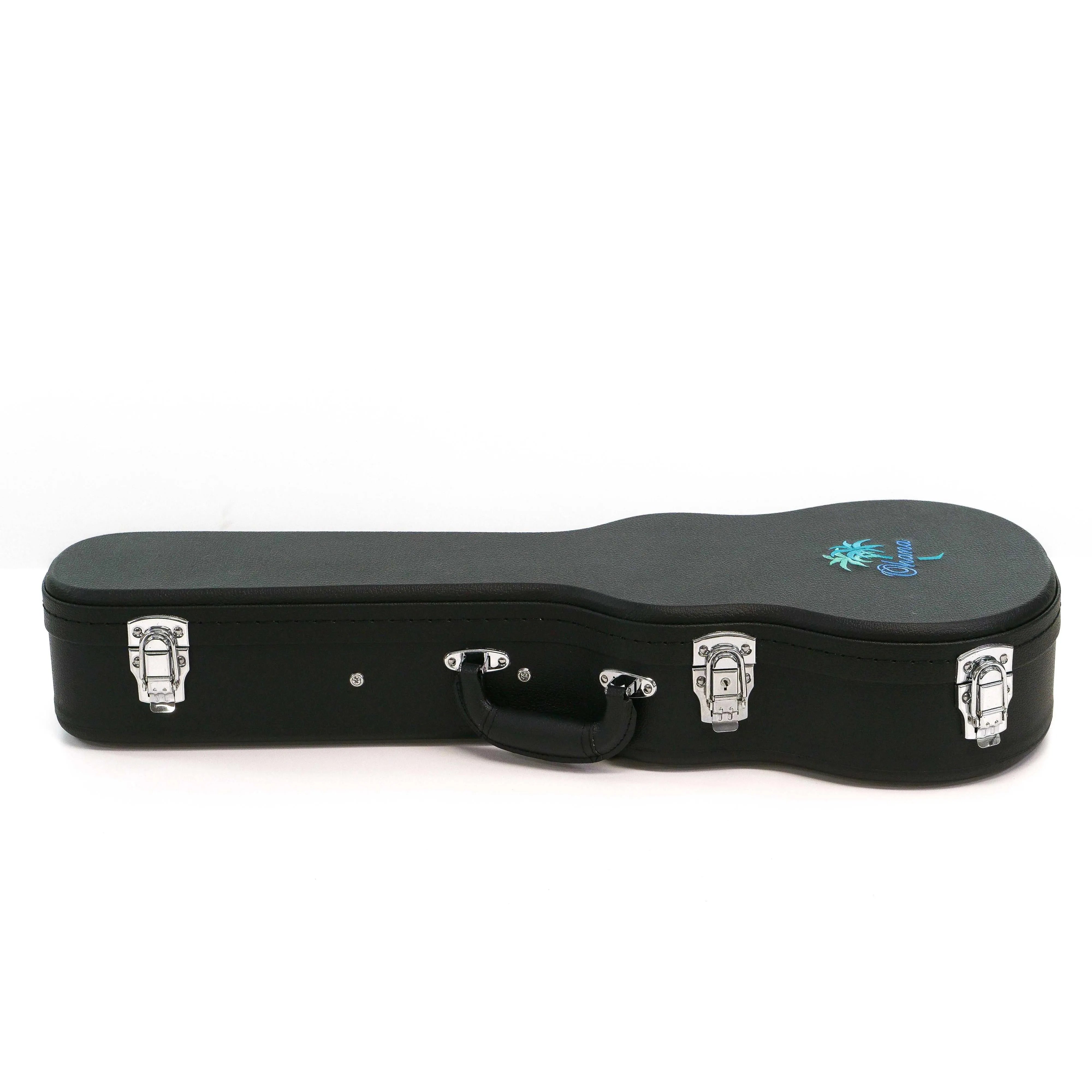 Ohana BEM-27 black tenor ukulele hardshell case with chrome latches and blue embroidered logo.