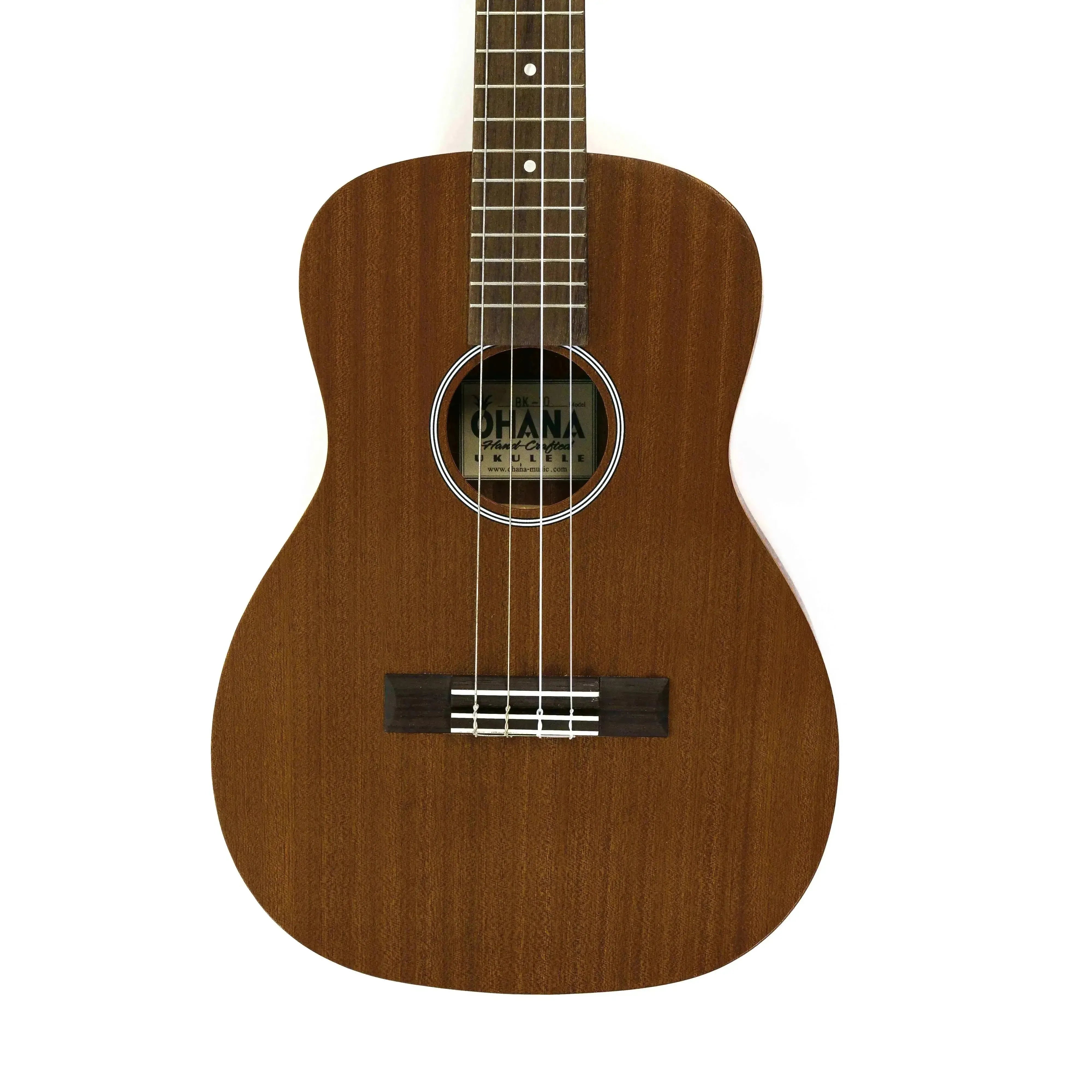 Ohana BK-10 mahogany baritone ukulele with satin finish, black binding, and soundhole rosette.