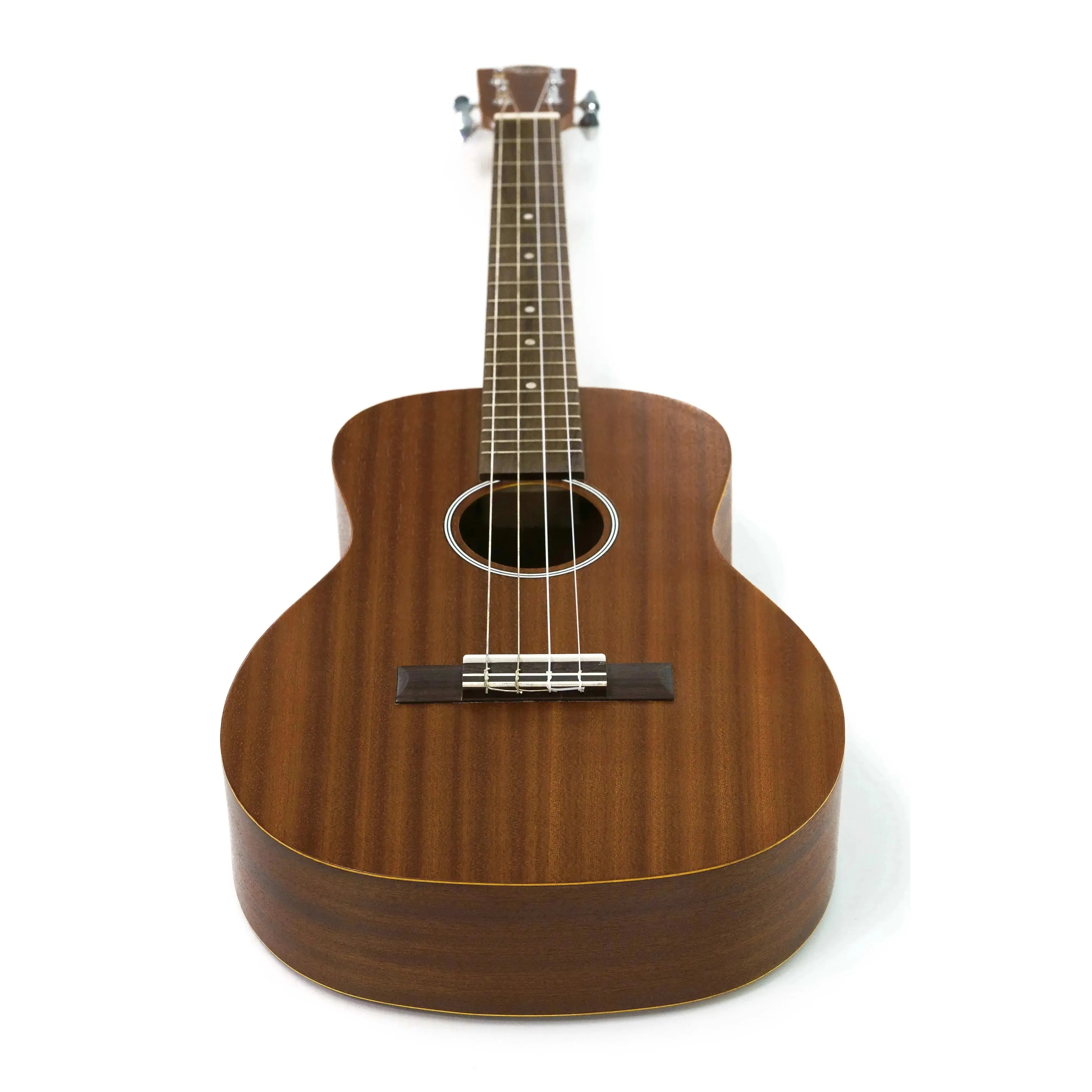 Ohana BK-10 mahogany baritone ukulele with satin finish, open slotted headstock, and black binding.