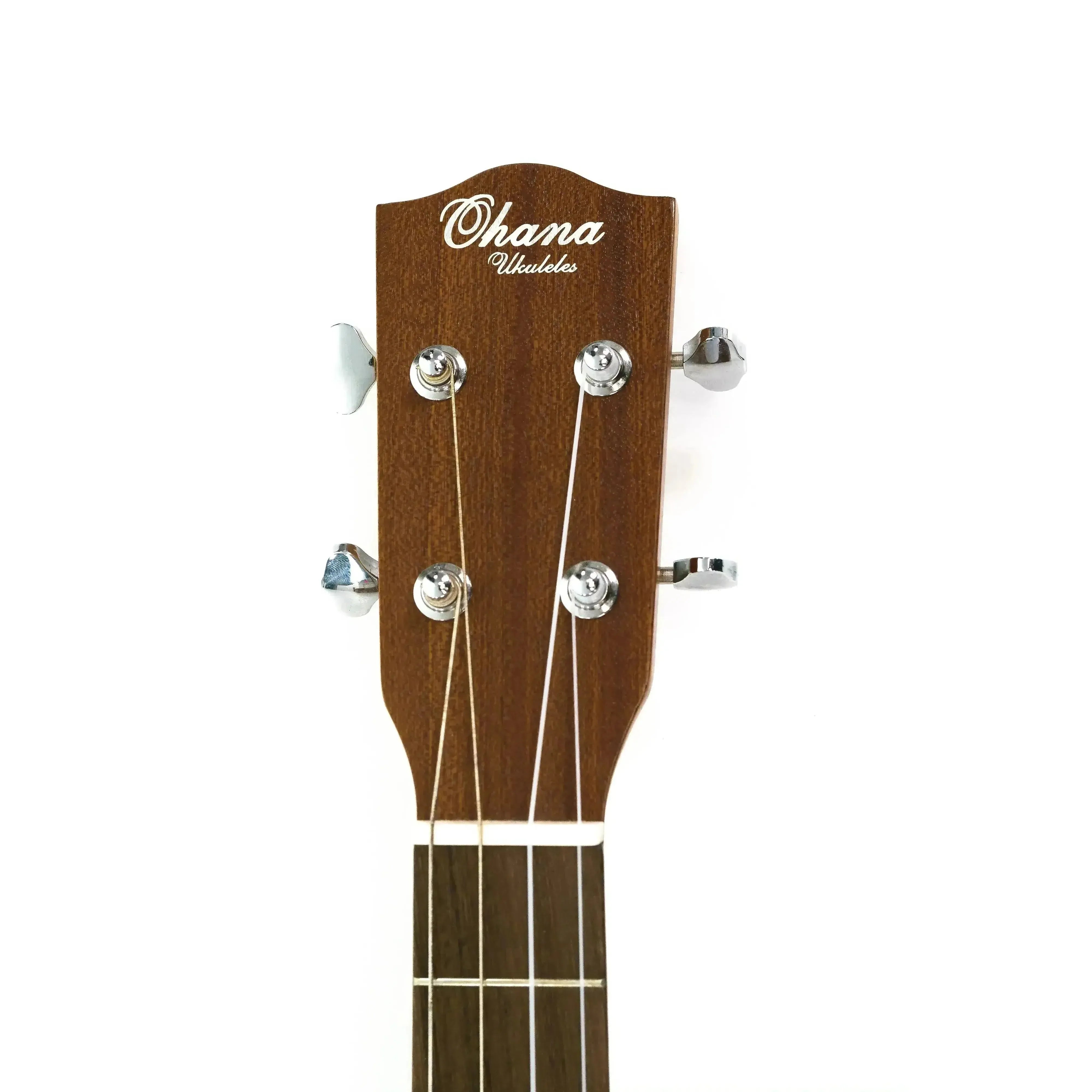 Ohana BK-10 Baritone Ukulele headstock with "Ohana Ukuleles" logo, open slotted design, and tuning pegs.