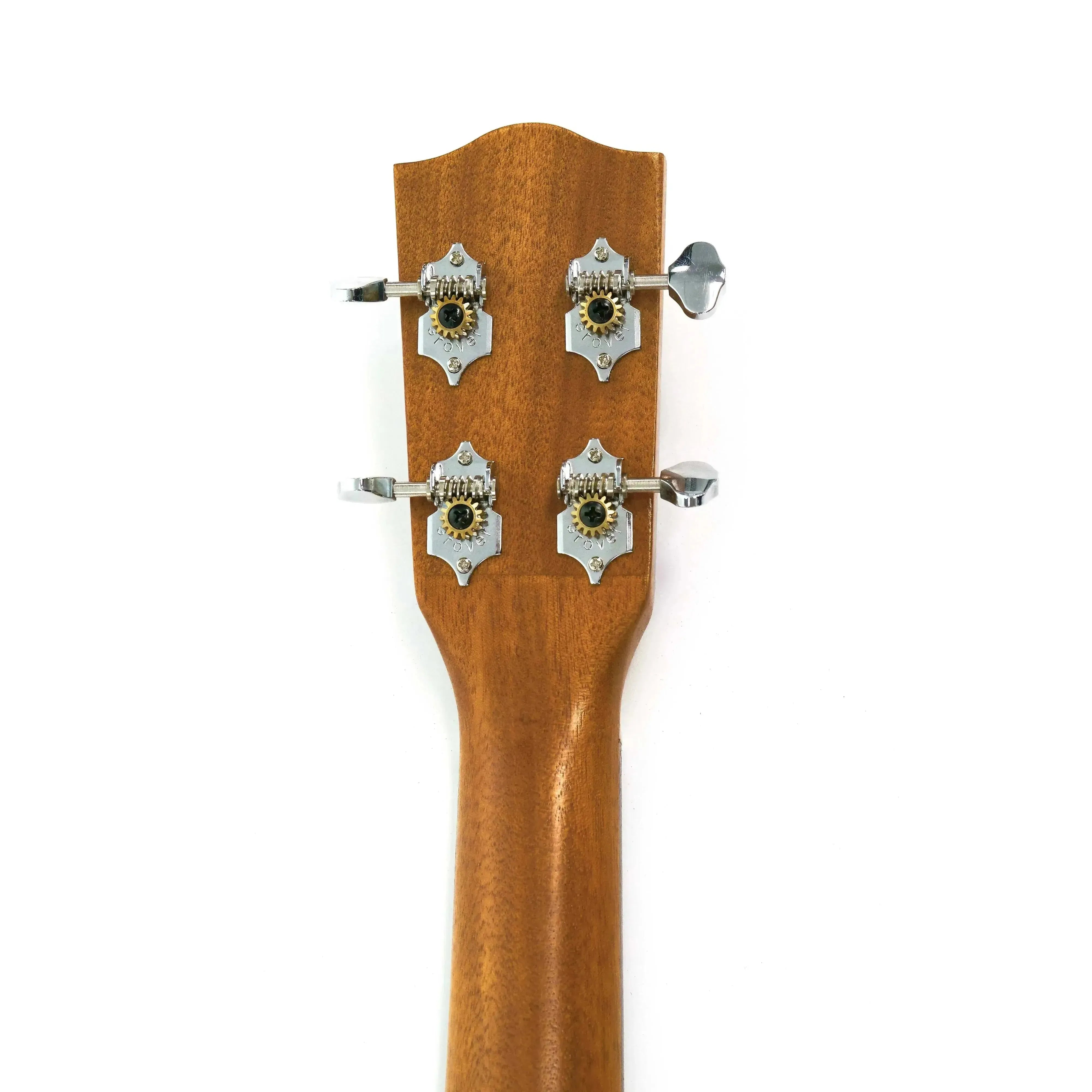 Back of Ohana BK-10 Baritone Ukulele headstock and neck, showing mahogany wood and four silver open-geared tuners.