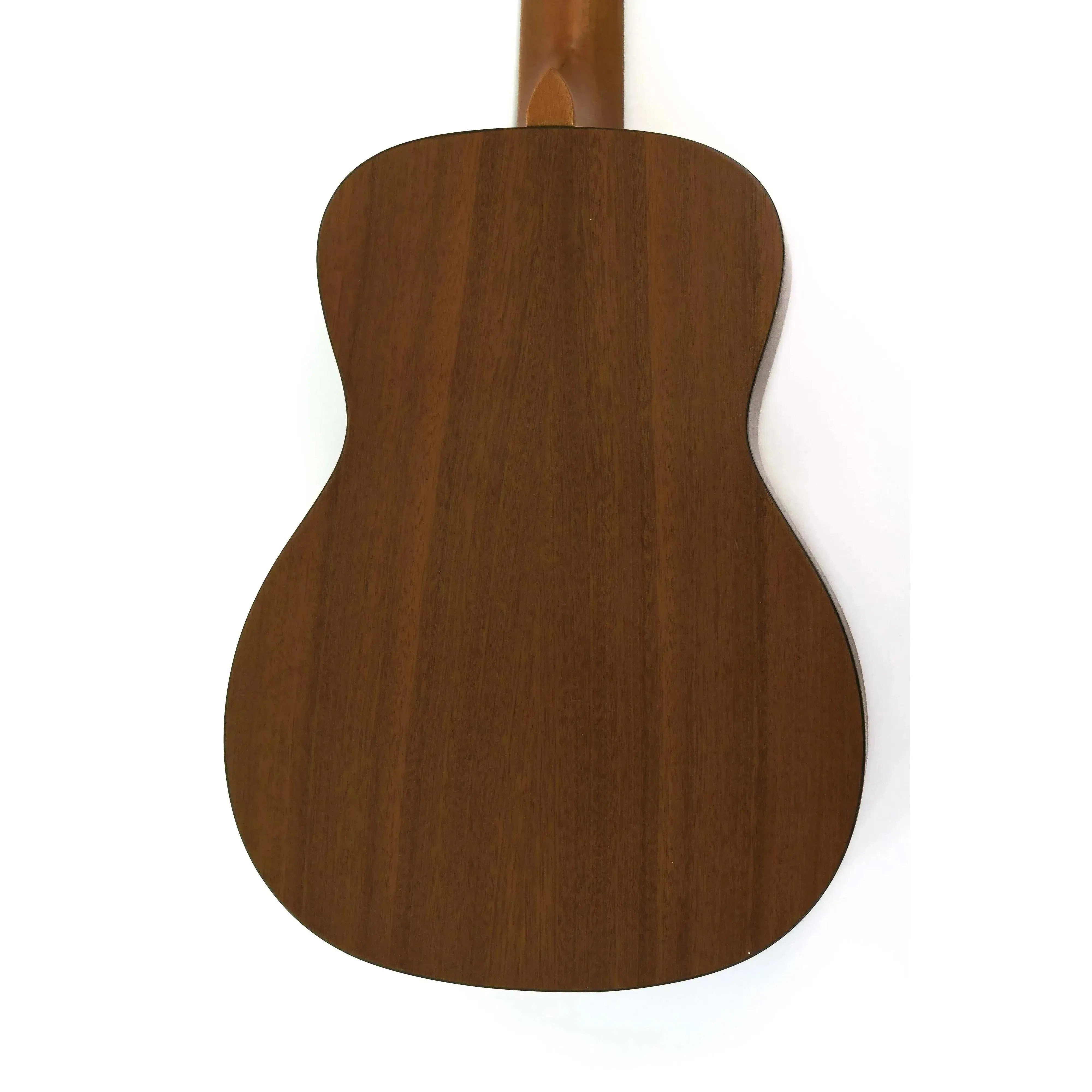 Back of an Ohana BK-14 Baritone Ukulele, showing its dark brown mahogany laminate and black binding.