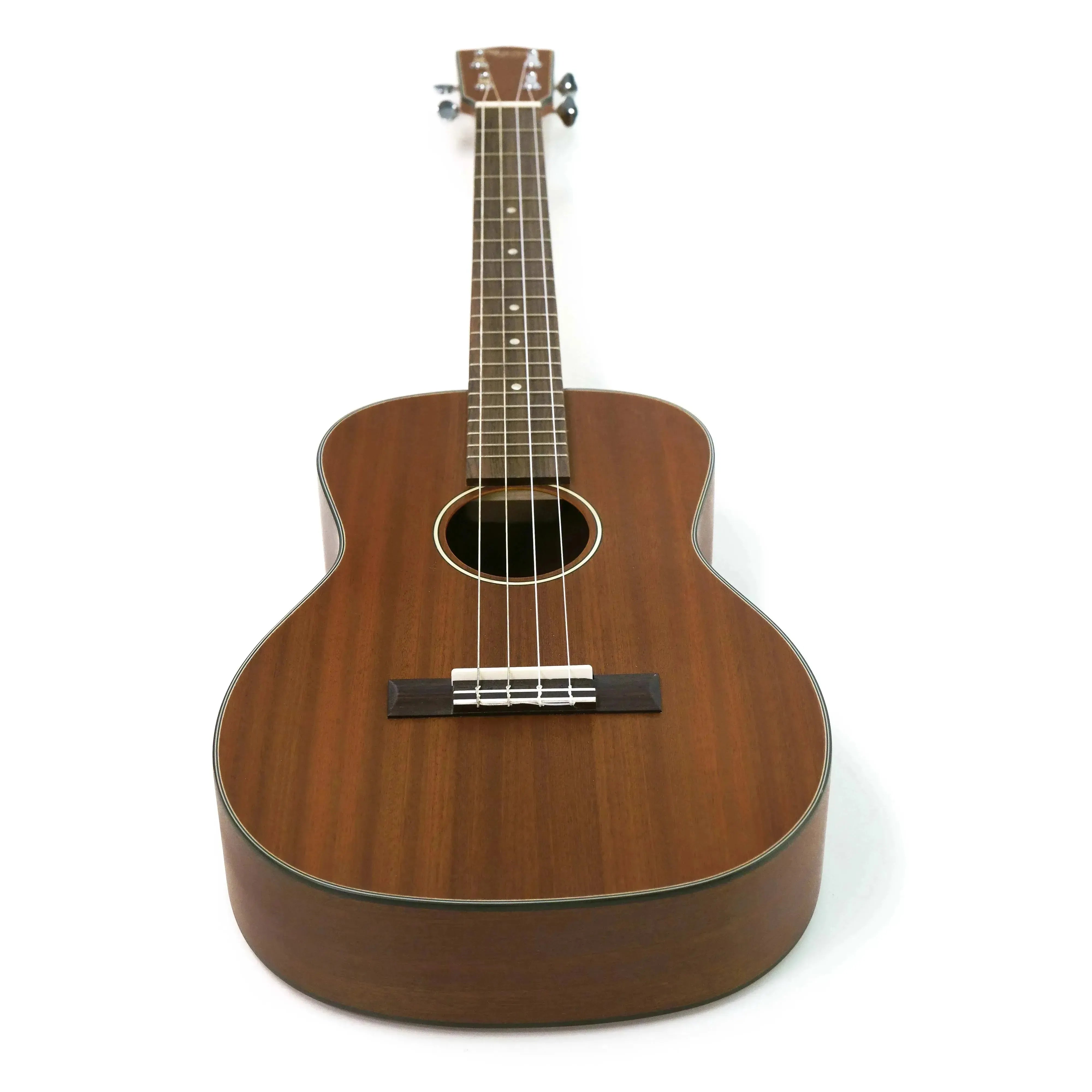 Ohana BK-14 mahogany baritone ukulele with satin finish, black binding, and open-slotted headstock.