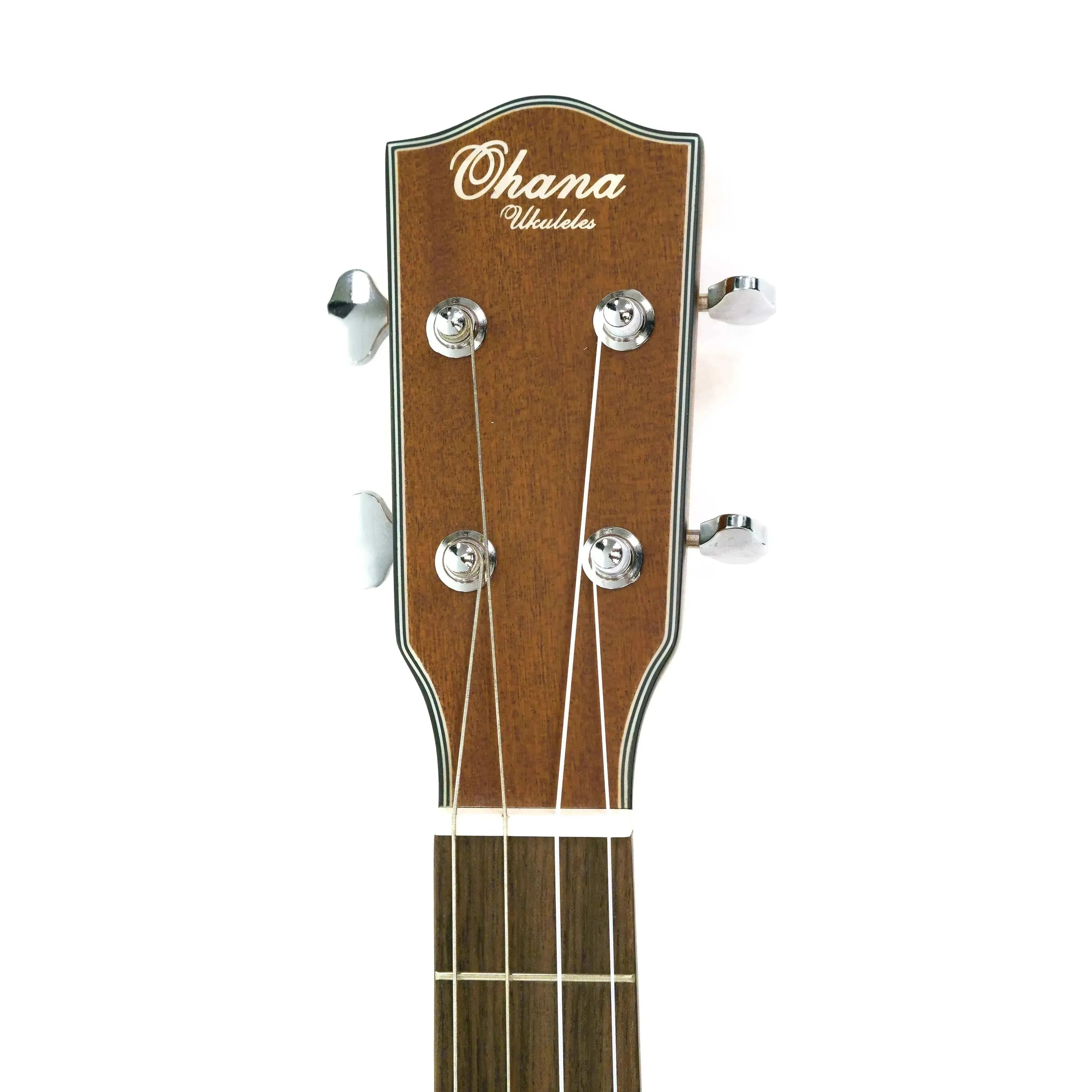 Ohana BK-14 Baritone Ukulele headstock with mahogany finish, black binding, and Grover tuners.