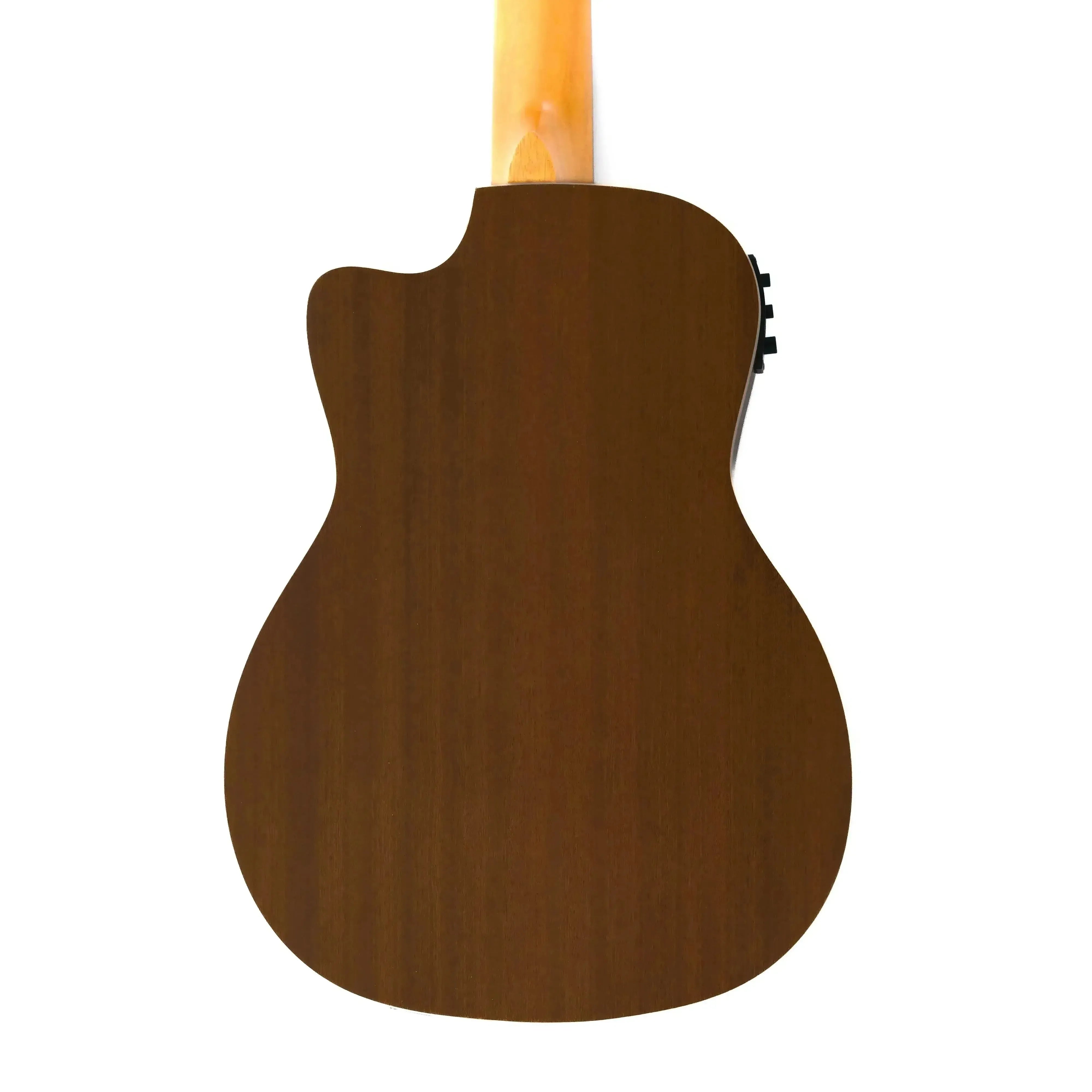 Back of an Ohana BK-20CE Baritone Ukulele, showing its mahogany body with a cutaway and satin finish.