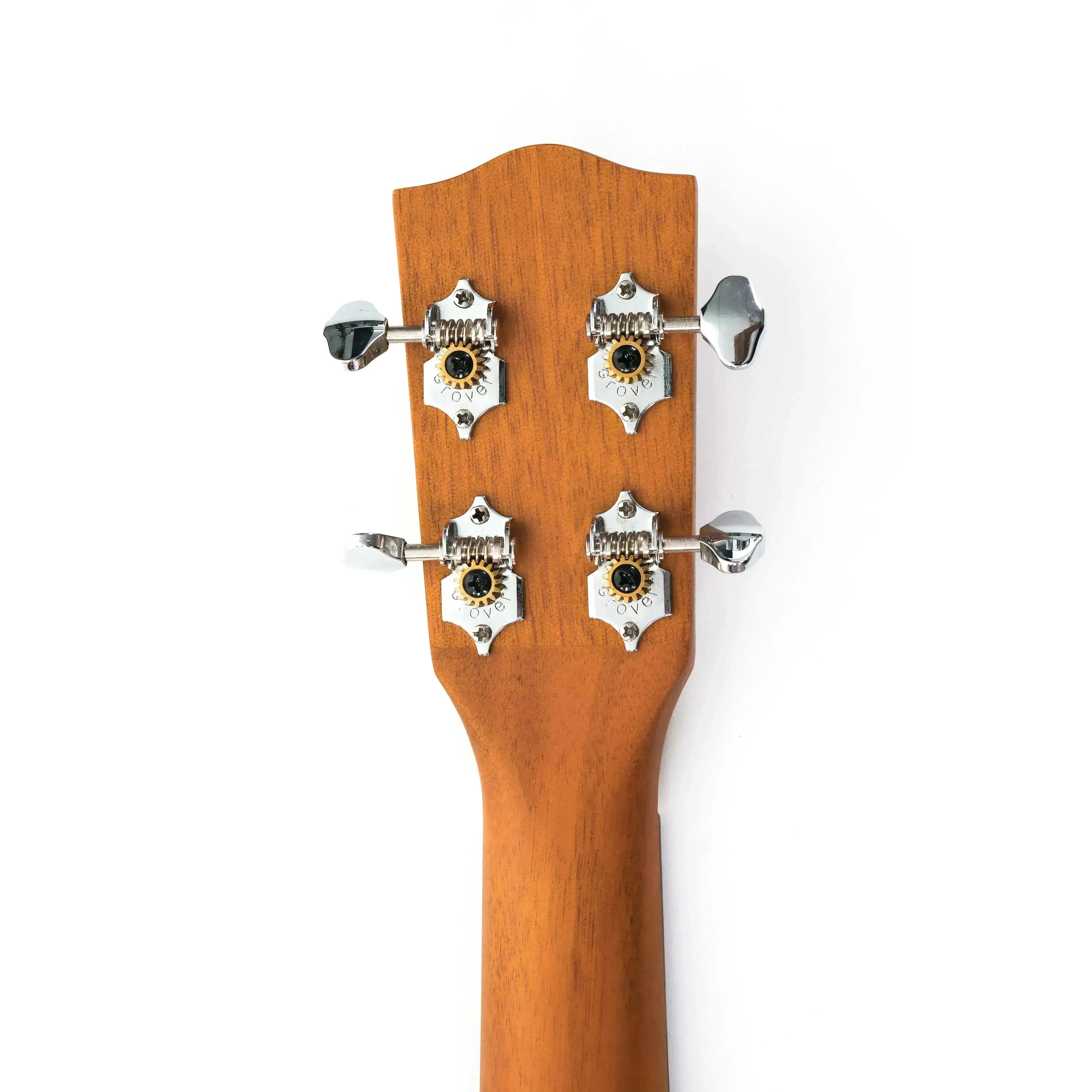 Ohana BK-20CE Baritone Ukulele headstock with mahogany finish and Grover chrome open-geared tuners.
