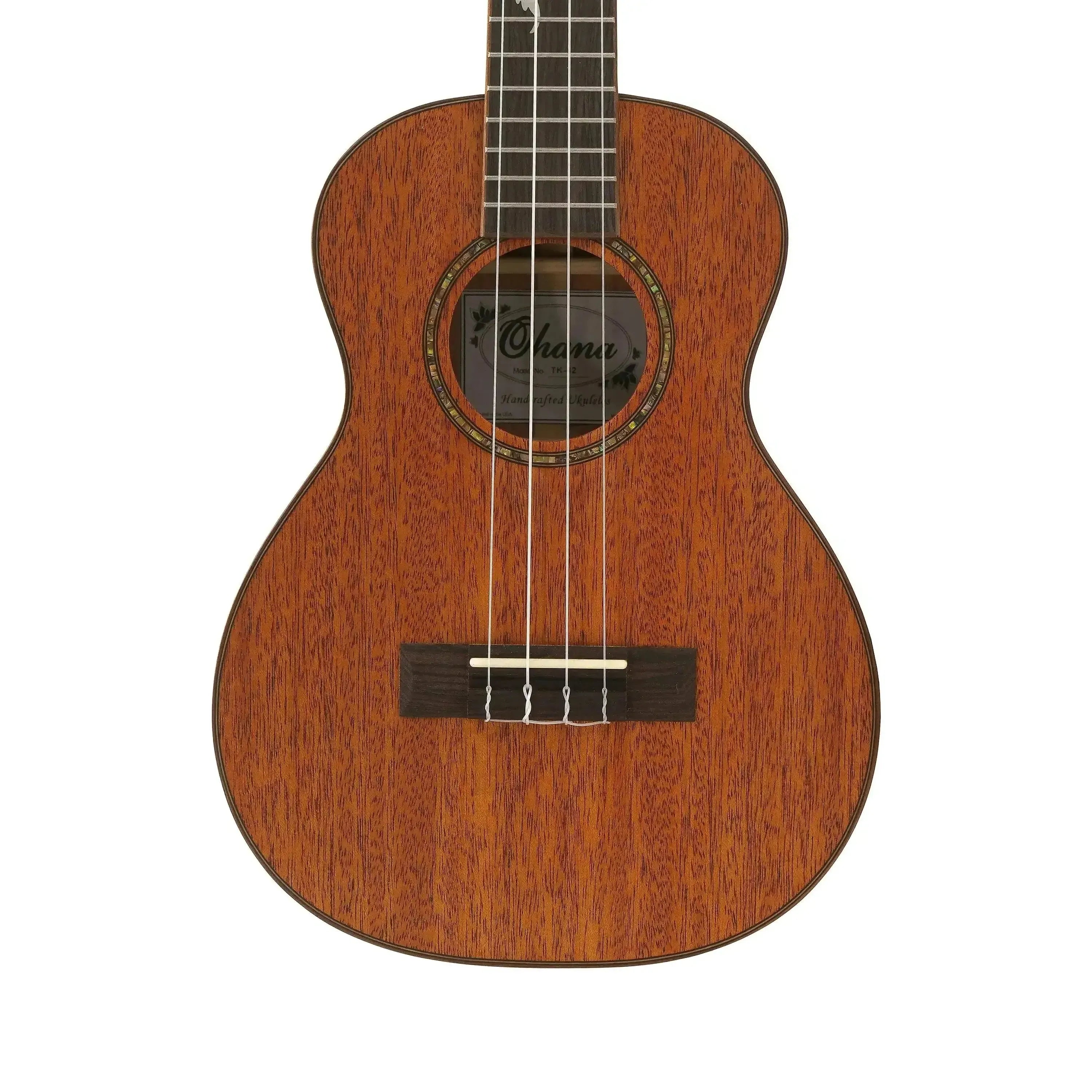 Ohana BK-32 Baritone Ukulele, solid mahogany body with abalone rosette and black walnut binding.
