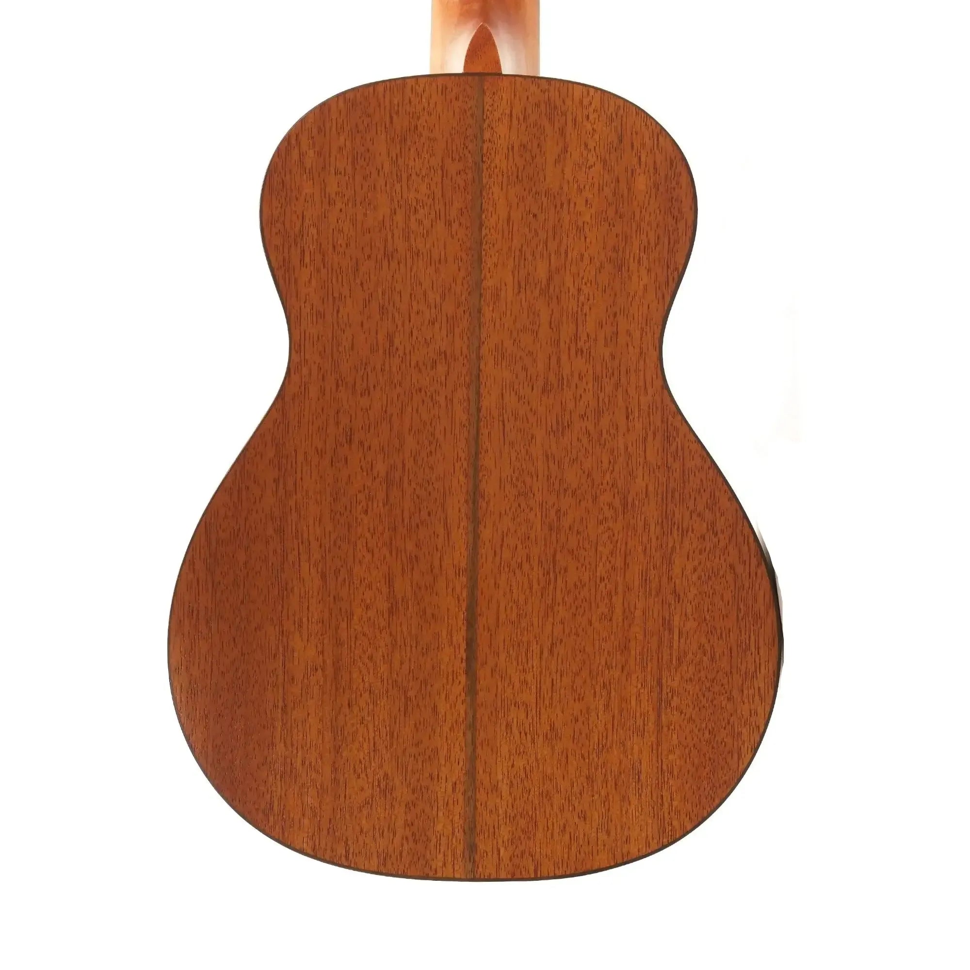 Back of an Ohana BK-32 Baritone Ukulele, showcasing its solid mahogany wood and satin finish.