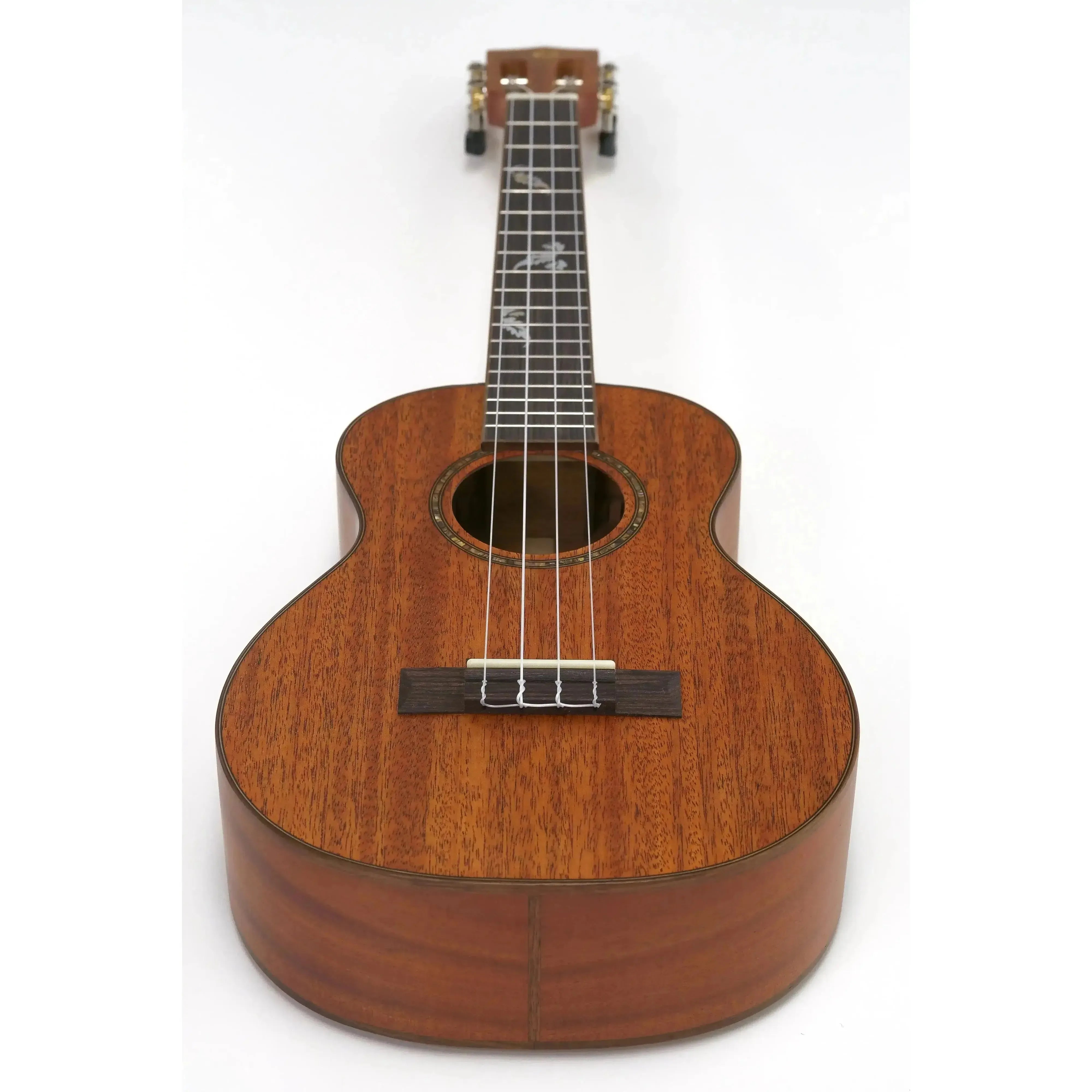 Ohana BK-32 solid mahogany baritone ukulele with abalone rosette and floral fretboard inlays.