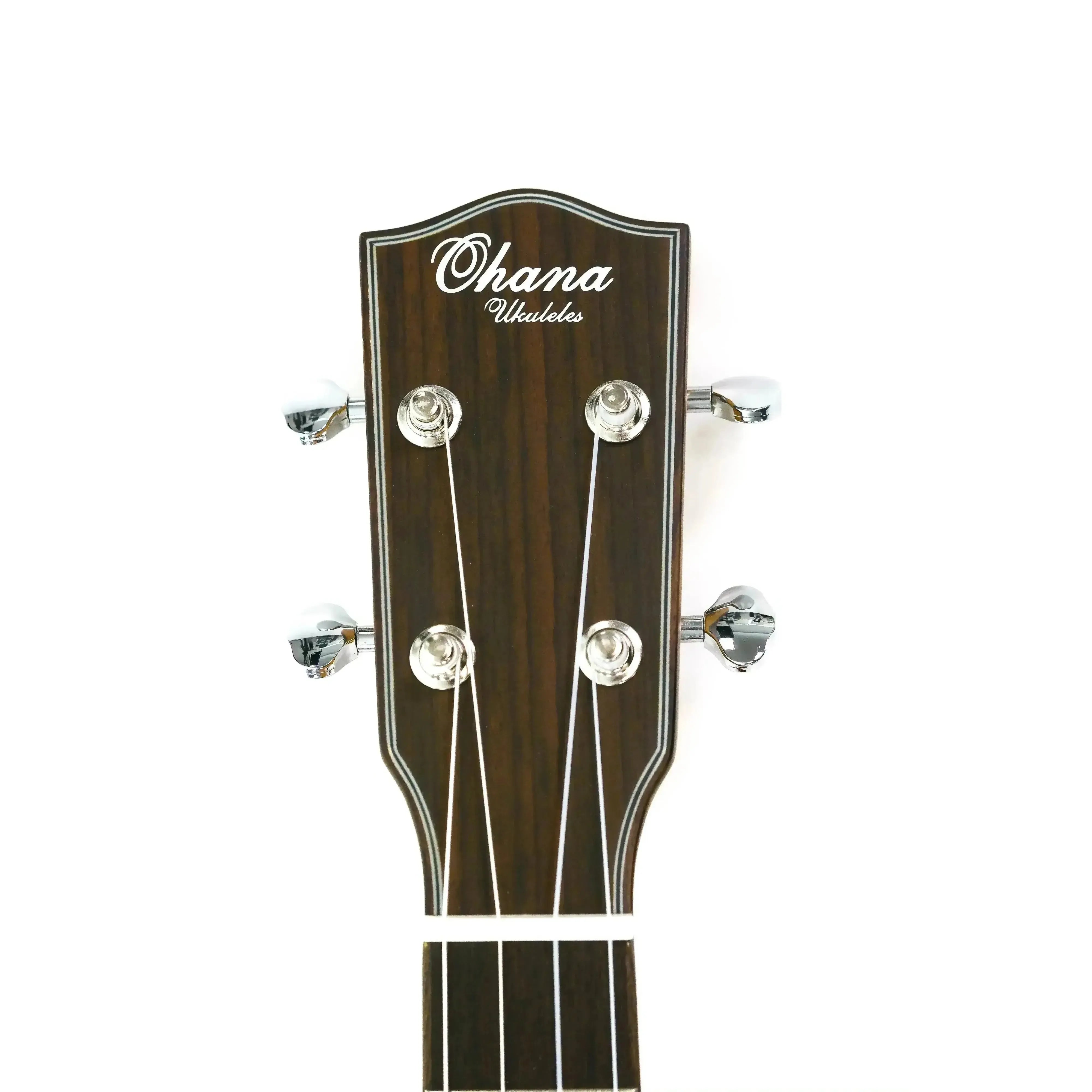 Ohana BK-35 Baritone Ukulele headstock with dark mahogany finish, chrome tuners, and white "Ohana Ukuleles" logo.