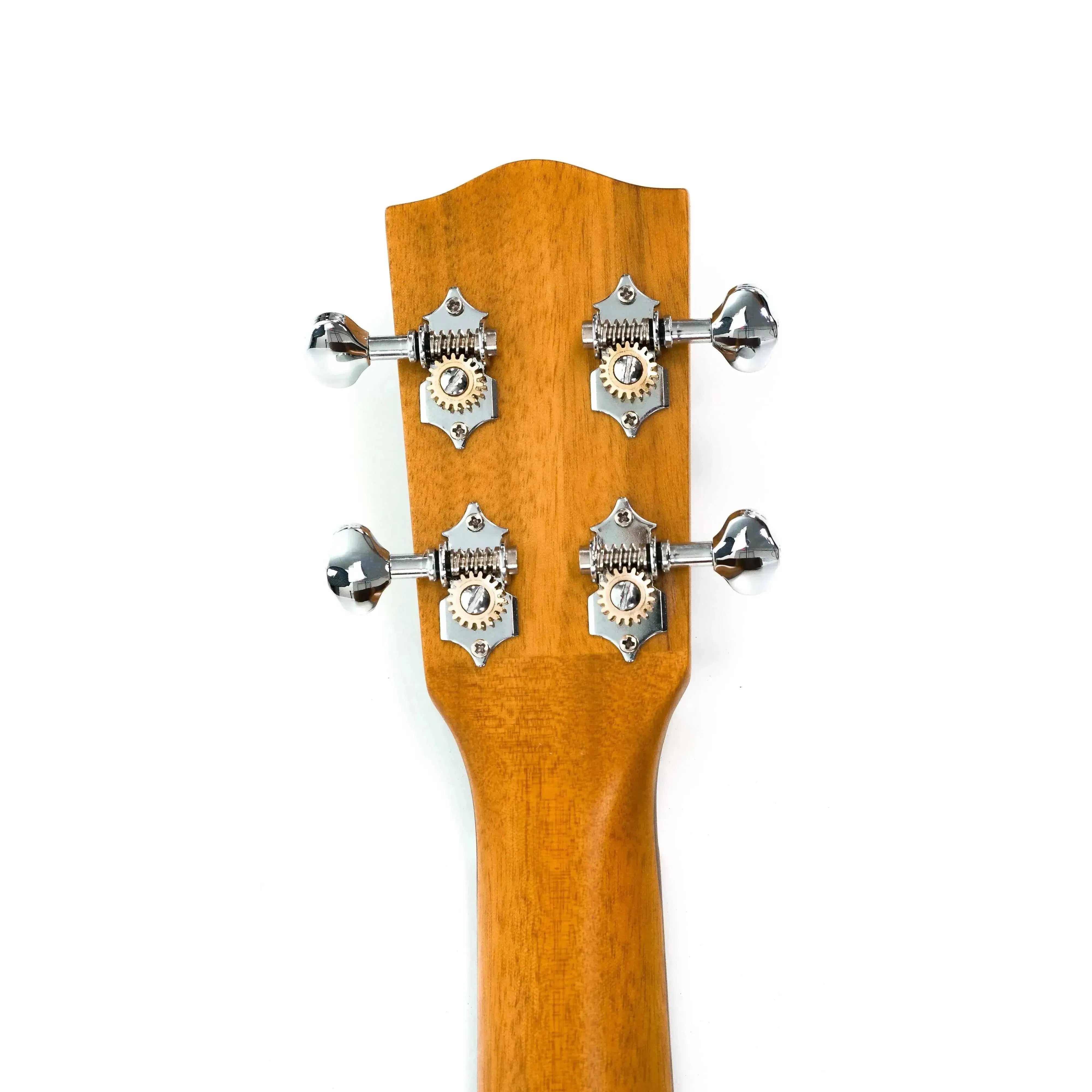 Back of Ohana BK-35 Baritone Ukulele headstock, showing natural mahogany wood and four chrome Grover tuners.