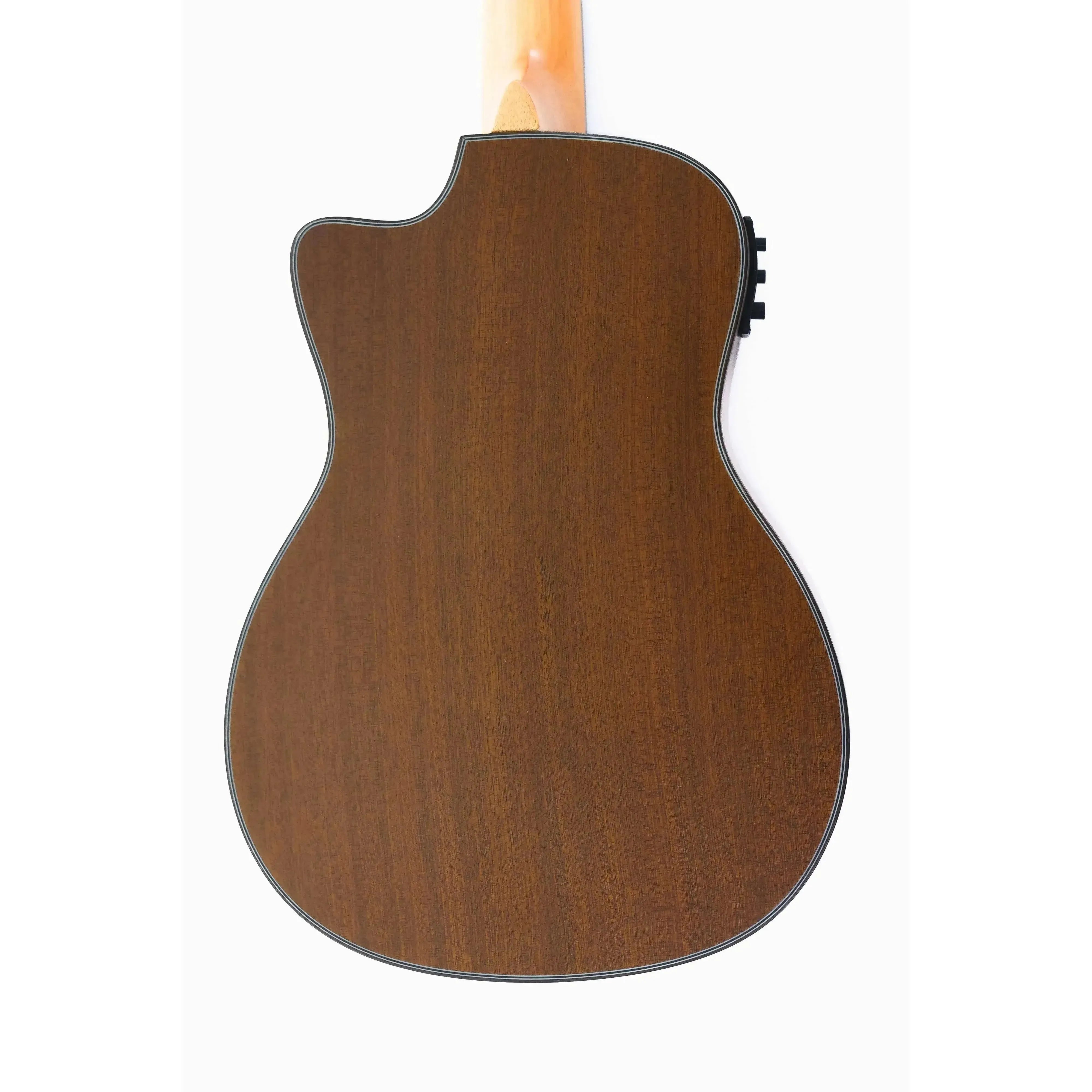 Back of an Ohana BK-35CE solid mahogany baritone ukulele with a cutaway body and satin finish.