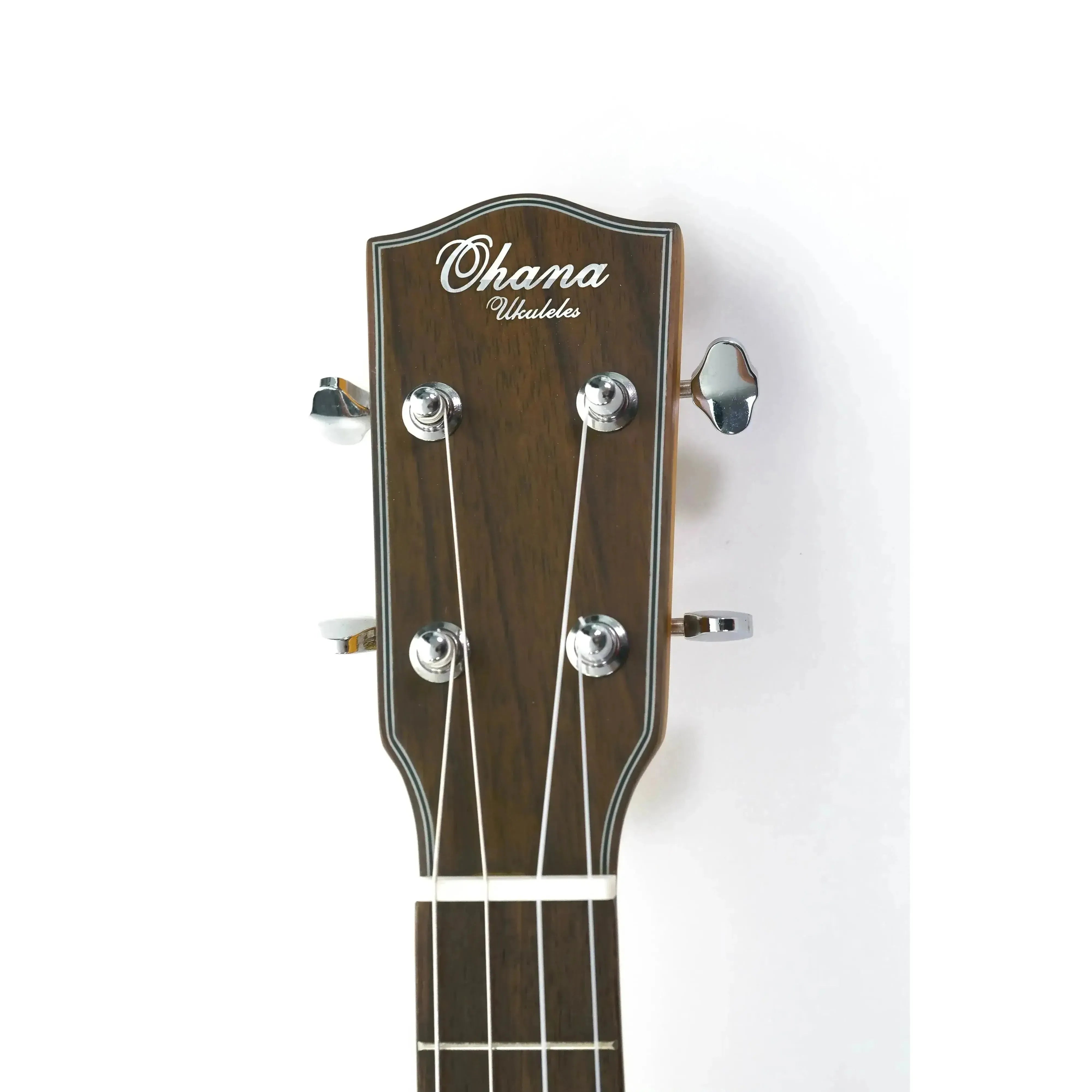 Ohana Baritone Ukulele headstock with dark mahogany finish, chrome tuners, and white Ohana logo.
