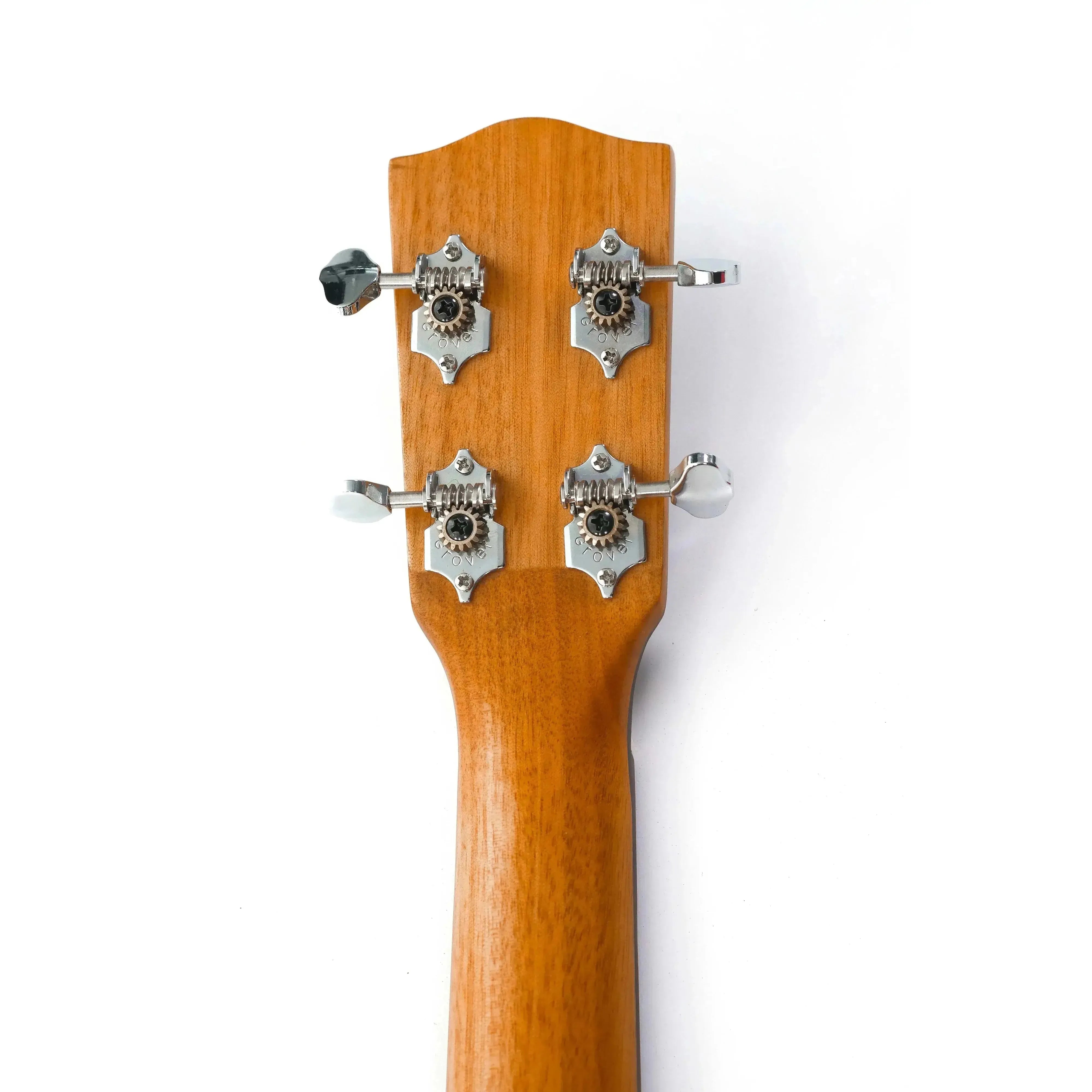 Ohana BK-35CE Baritone Ukulele headstock and neck, featuring solid mahogany and chrome tuners.