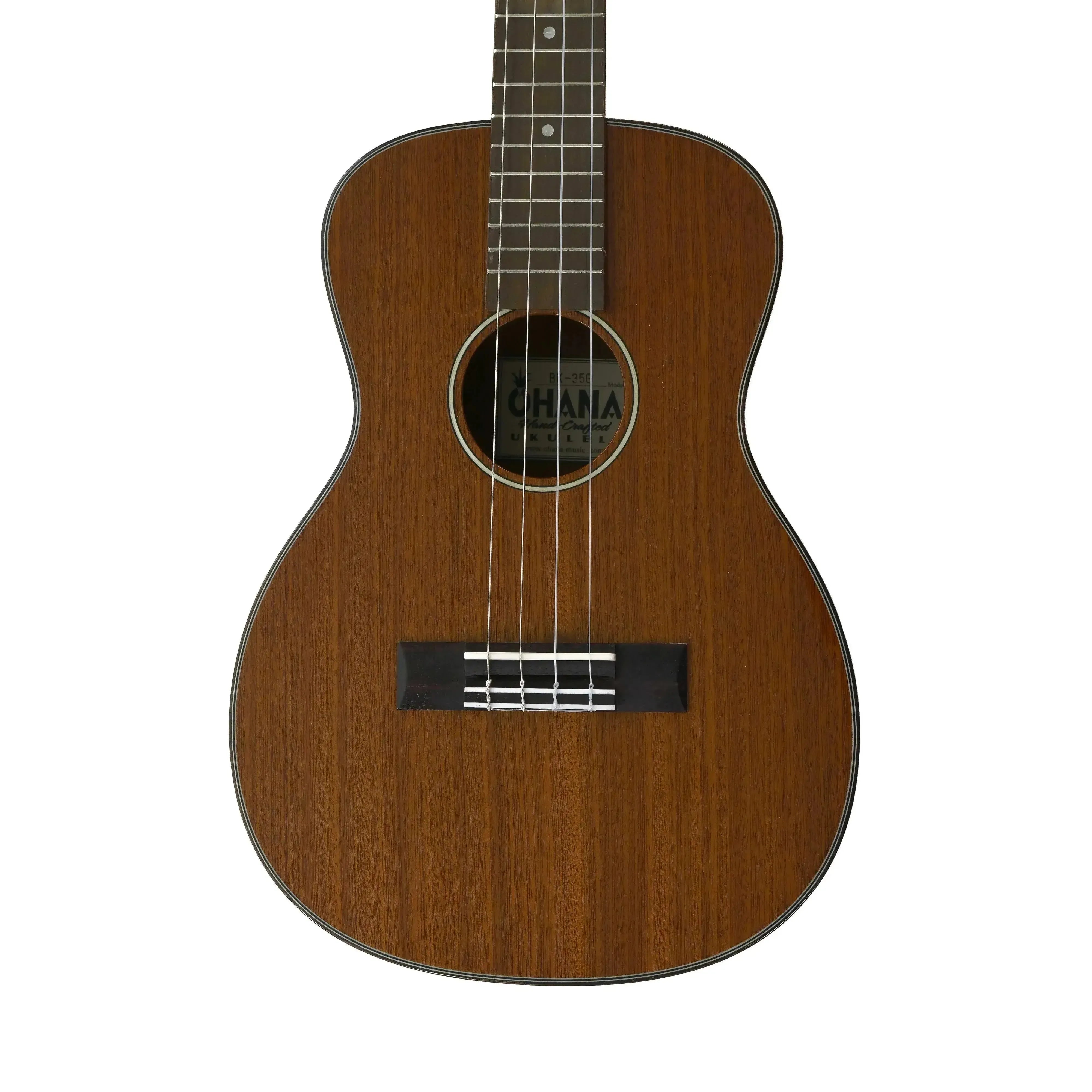 Ohana BK-35G solid mahogany baritone ukulele body with soundhole, bridge, and strings.