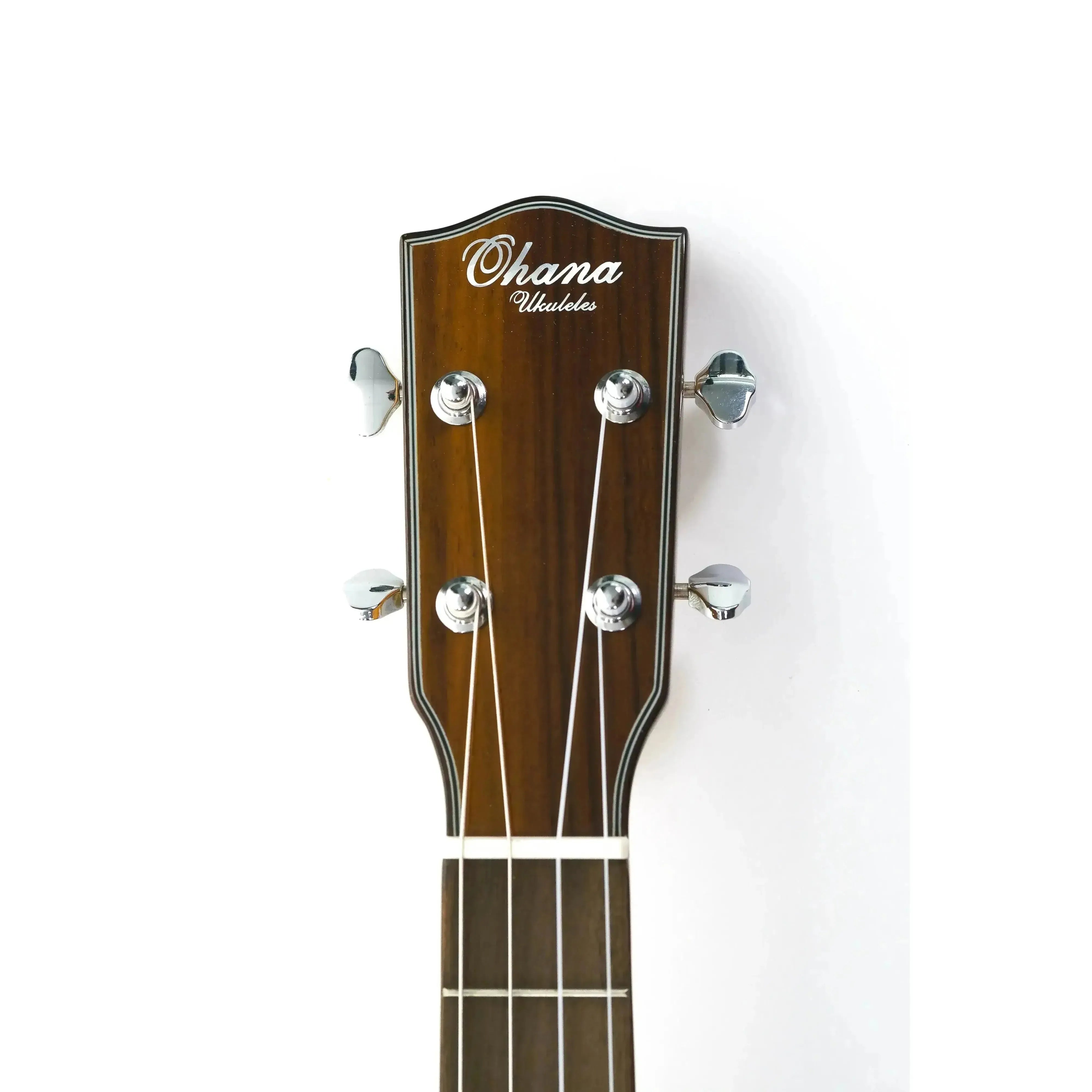 Ohana BK-35G Baritone Ukulele headstock with glossy mahogany finish, white purfling, and chrome tuners.
