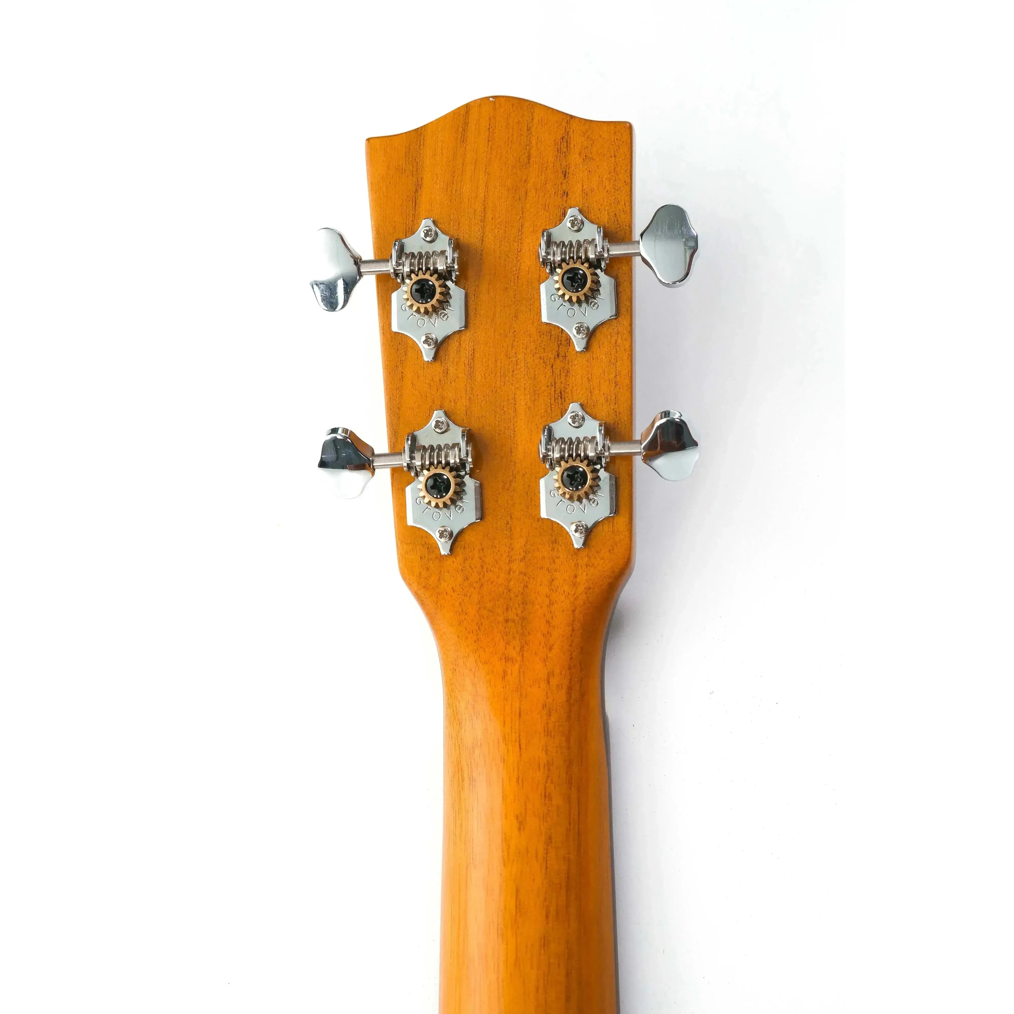 Ohana BK-35G baritone ukulele headstock with mahogany finish and four chrome open-geared tuners.