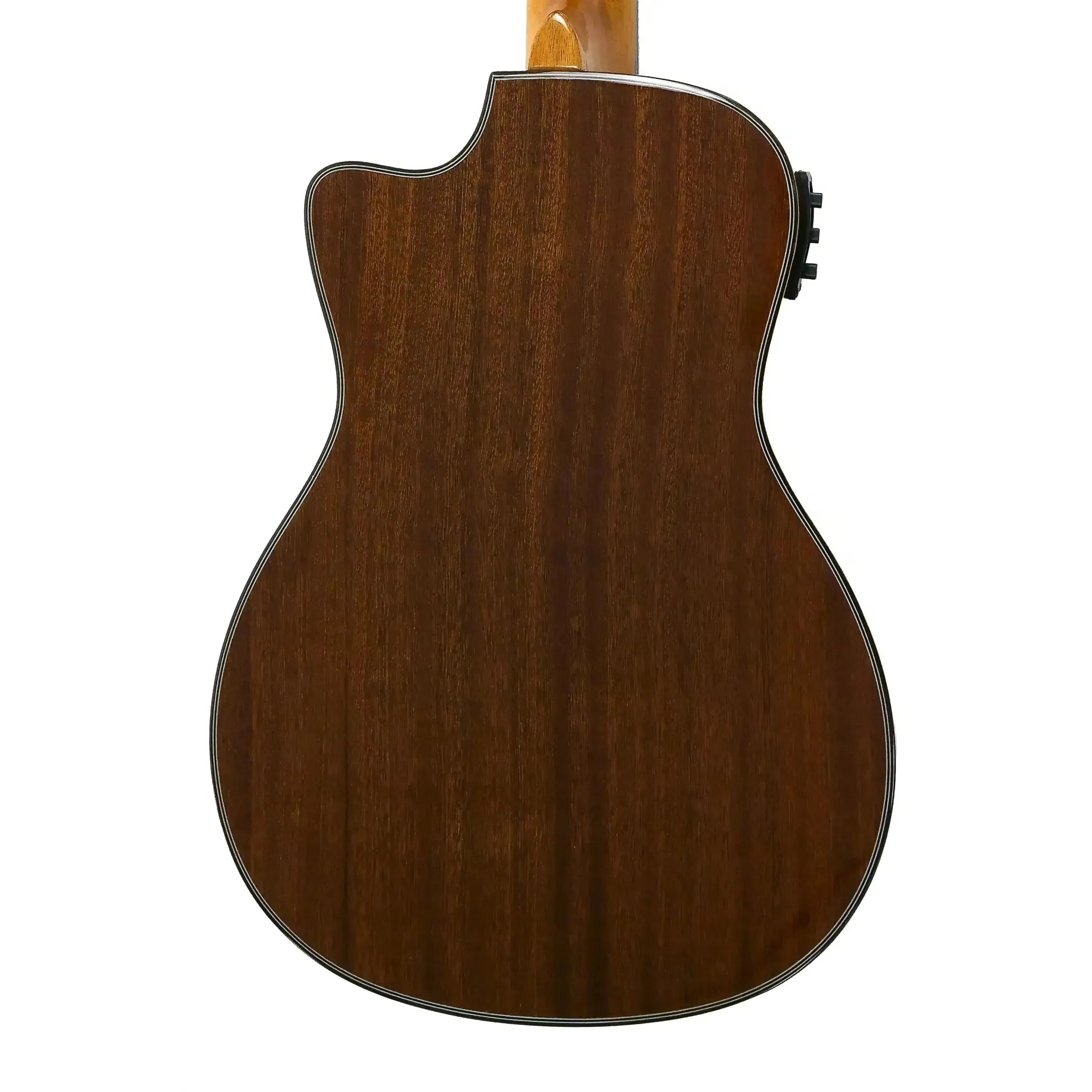 Back of an Ohana BK-35GCE solid mahogany baritone ukulele with a cutaway and gloss finish.