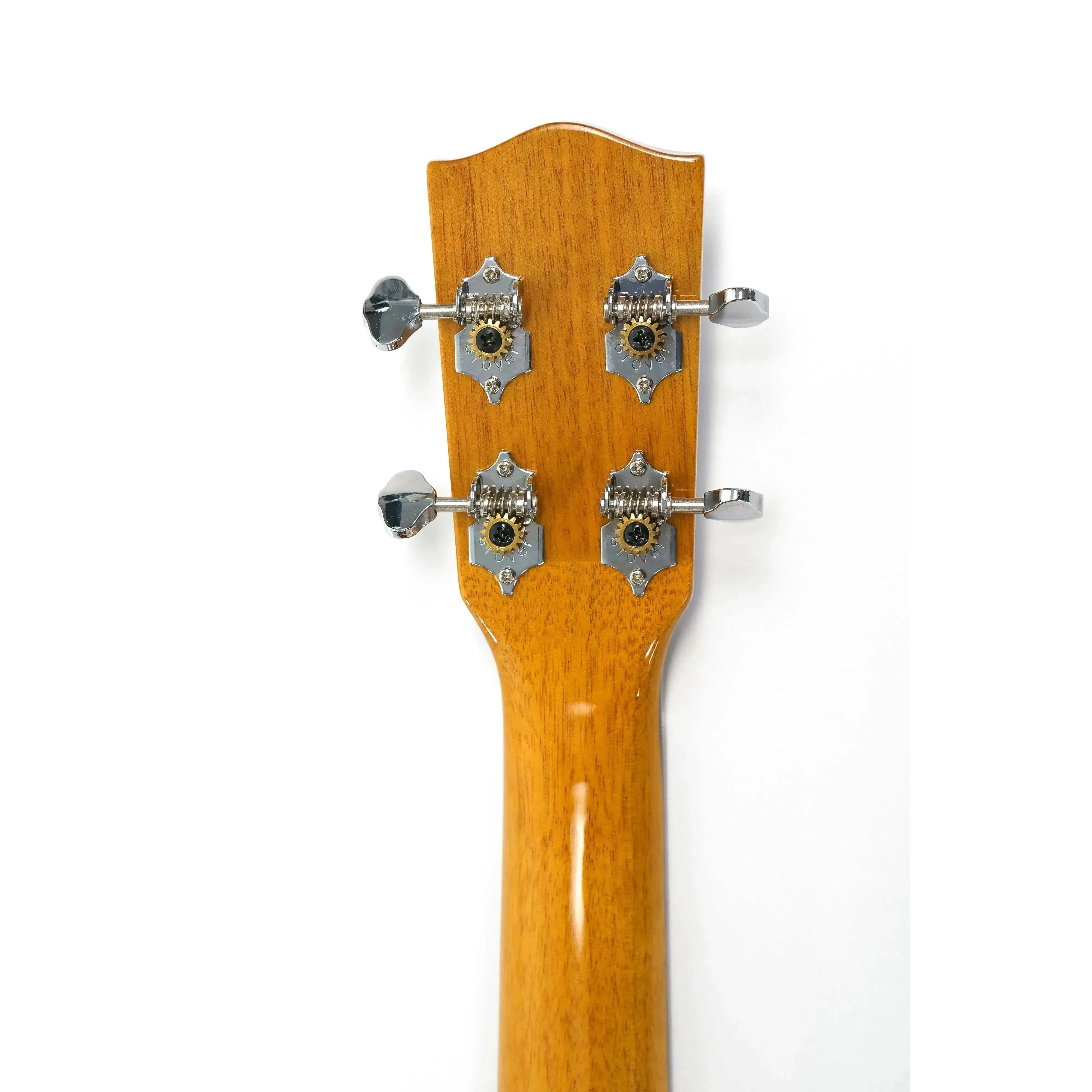 Ohana BK-35GCE Baritone Ukulele headstock with glossy solid mahogany finish and chrome open geared tuners.