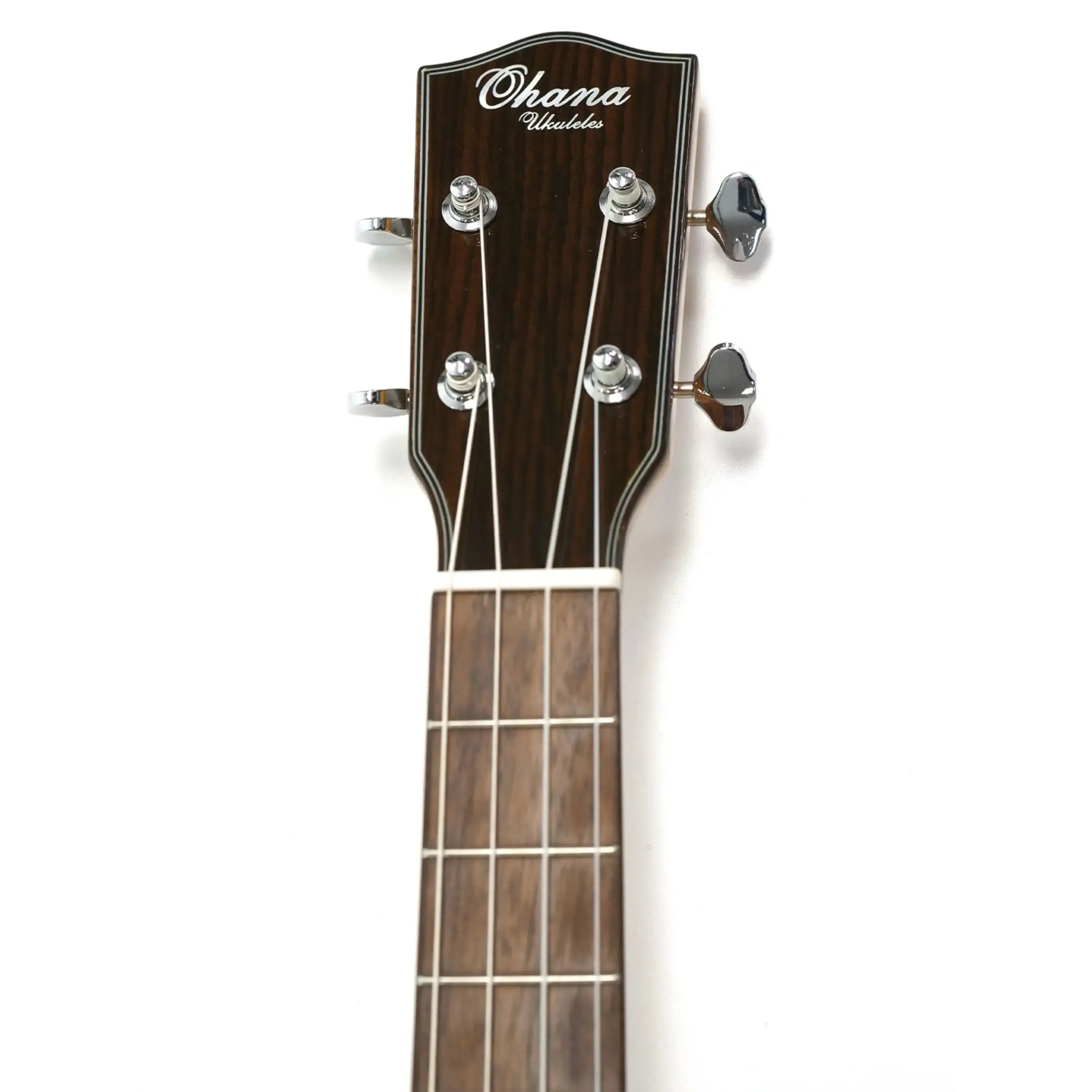 Ohana BK-35GCE Baritone Ukulele headstock with dark mahogany finish, chrome tuners, and white logo.